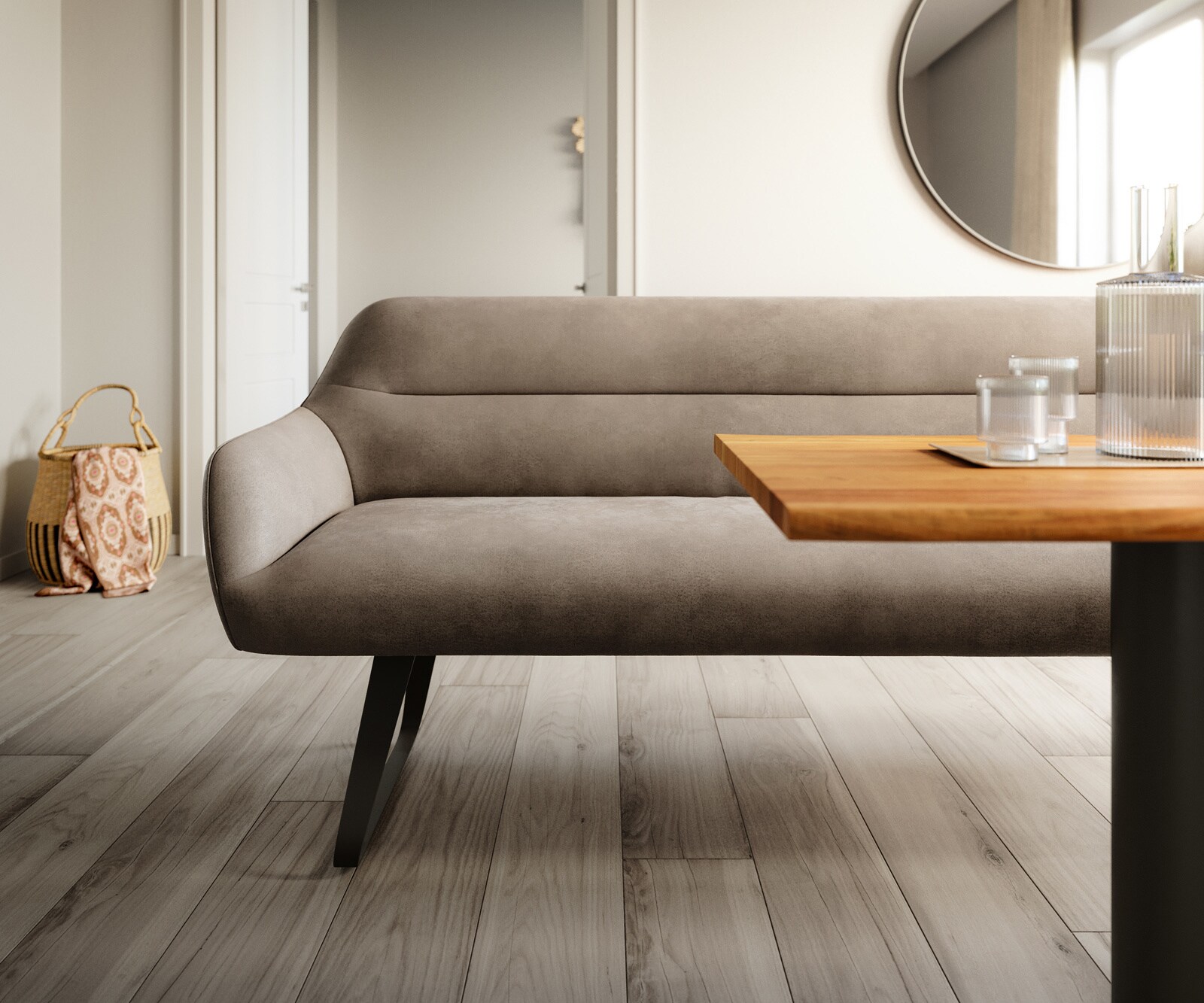 Eetkamerbank Taya-Flex 200 cm microvelours taupe vintage platte sledebasis zwart pocketvering 1