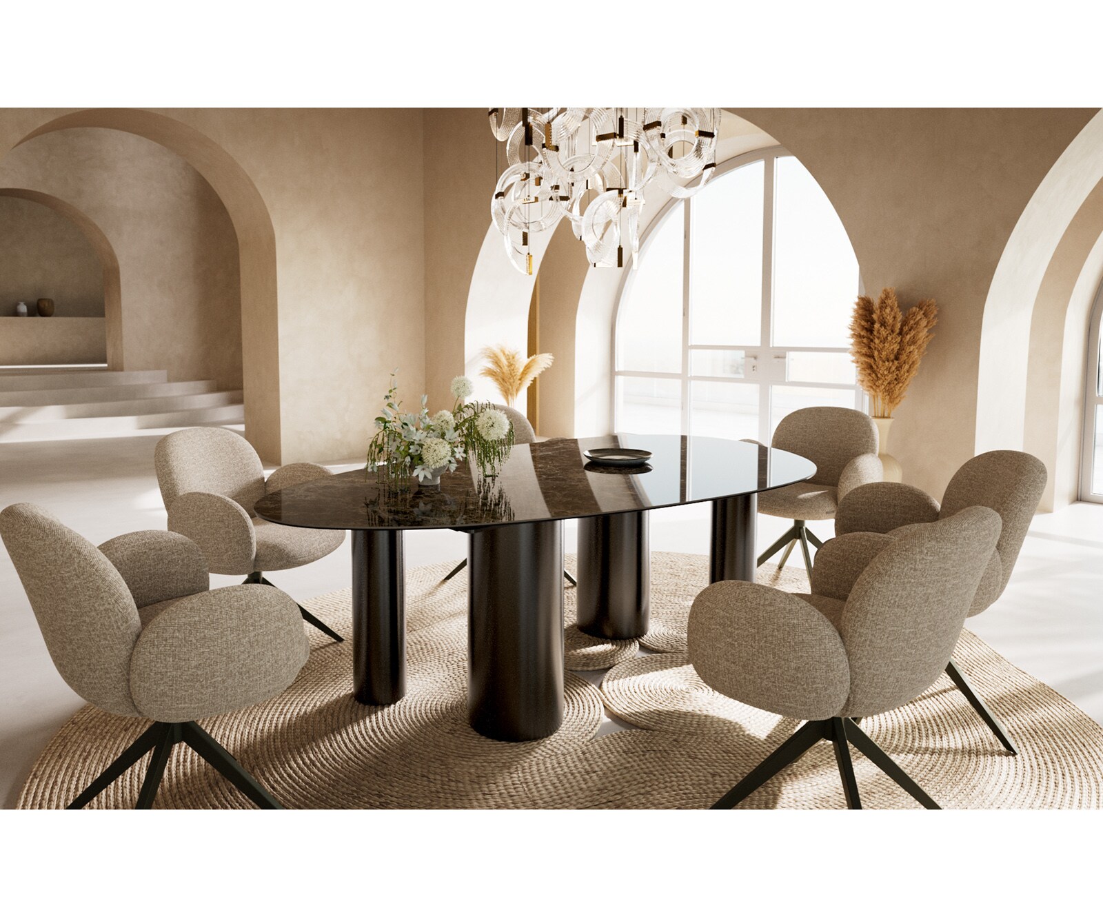 Eetkamertafel Edge ovaal 220x120 keramiek Laminam®Emperador Extra Lucidato donkerbruin Pilier roestvrij staal grafiet 6