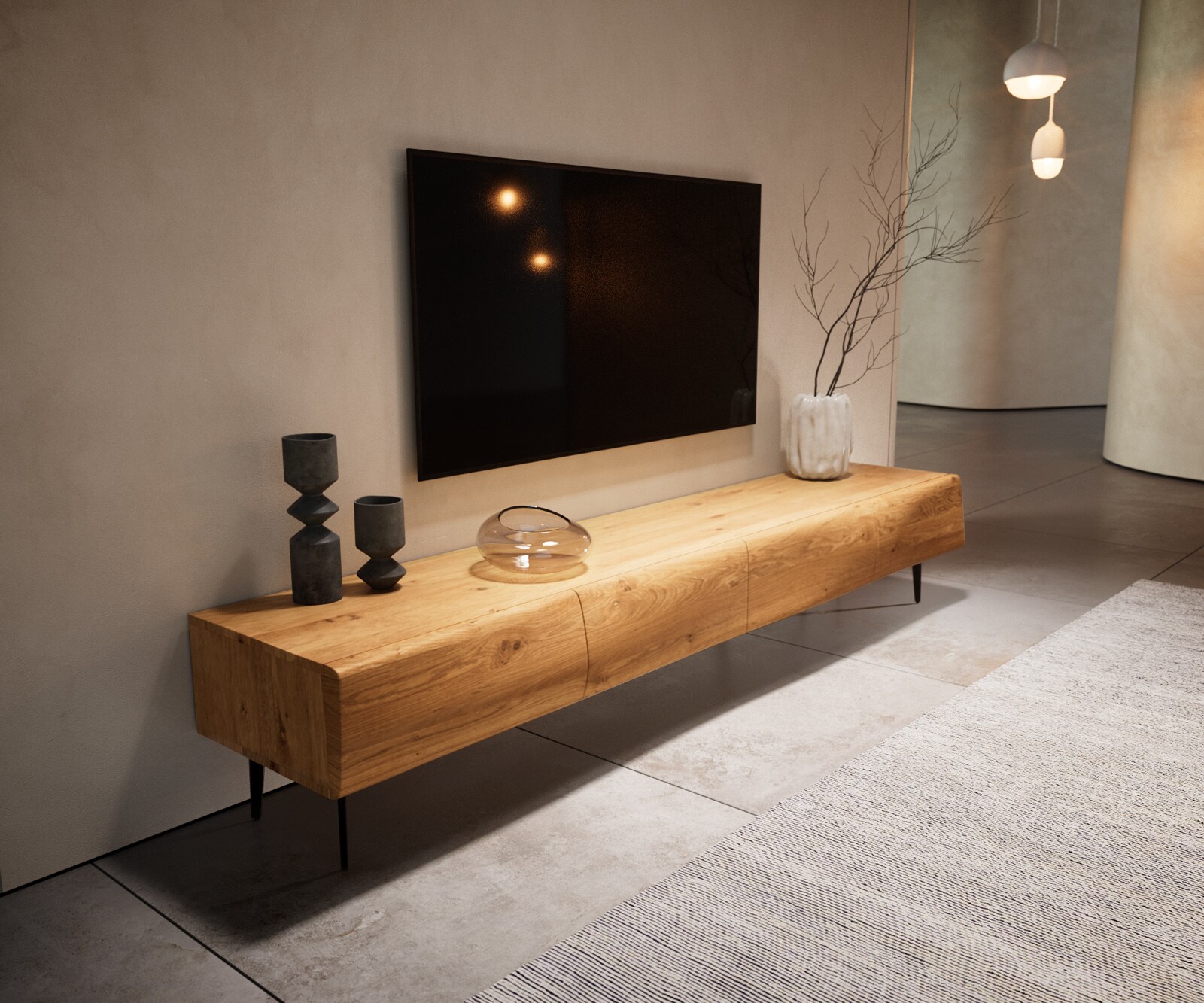 Tv-meubel New Live-Edge 200 cm eiken natuur 4 deuren hoekpoot metaal zwart 4