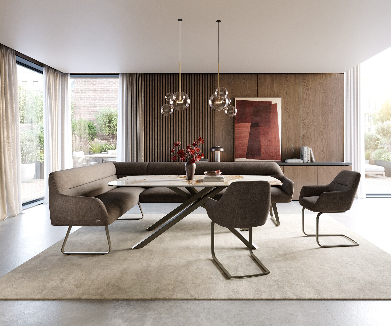 Eetkamerbank Taya-Flex 285x190 cm zachte stof met structuur taupe platte sledebasis afwerking met titaniumeffect pocketvering rechts 2