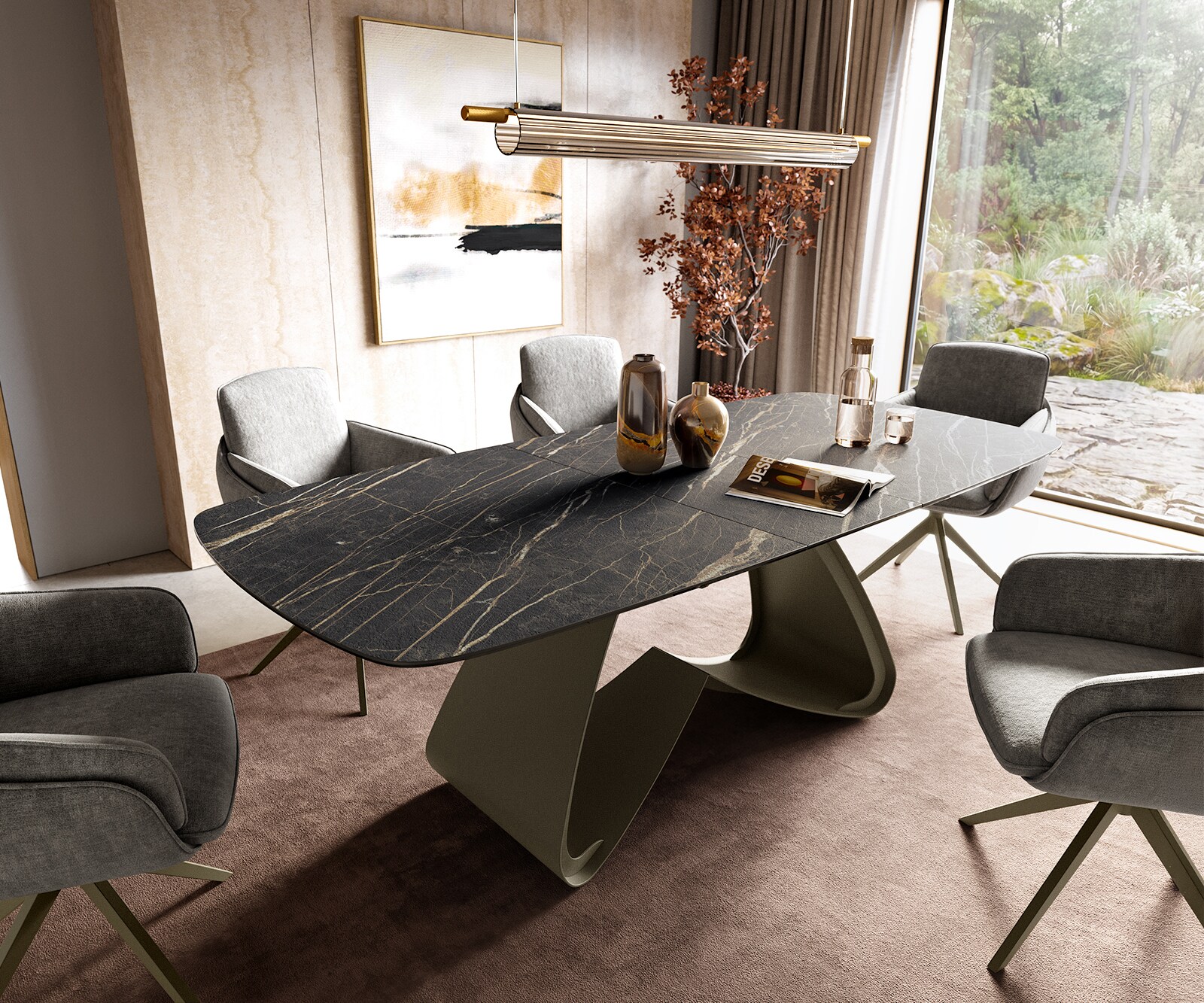 Eettafel Edge Boot 180-220x100 cm Laminam® Keramiek Noir Desir Braun W-onderstel Effectafwerking Titan uitschuifbaar 1