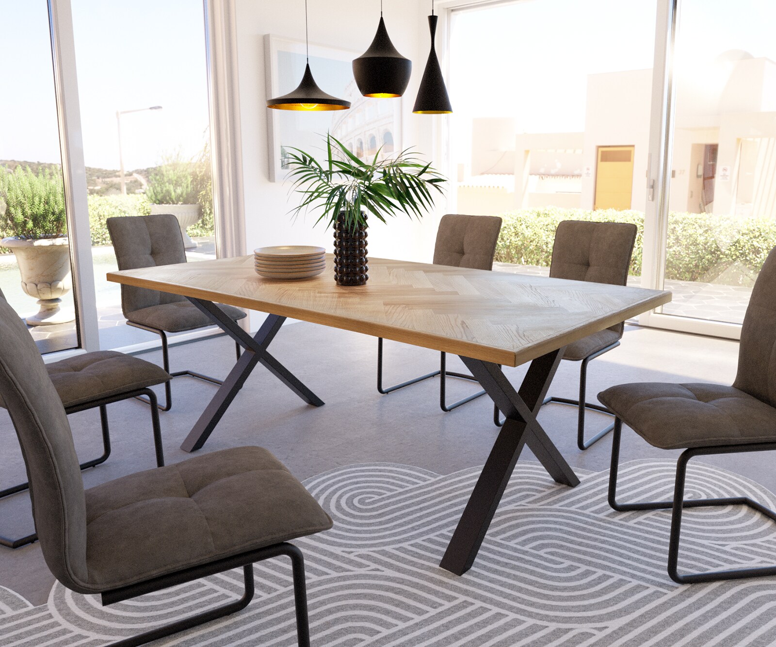 Eettafel Edge-Pure 200x100 eiken natuur x-frame metaal zwart fishbone  1