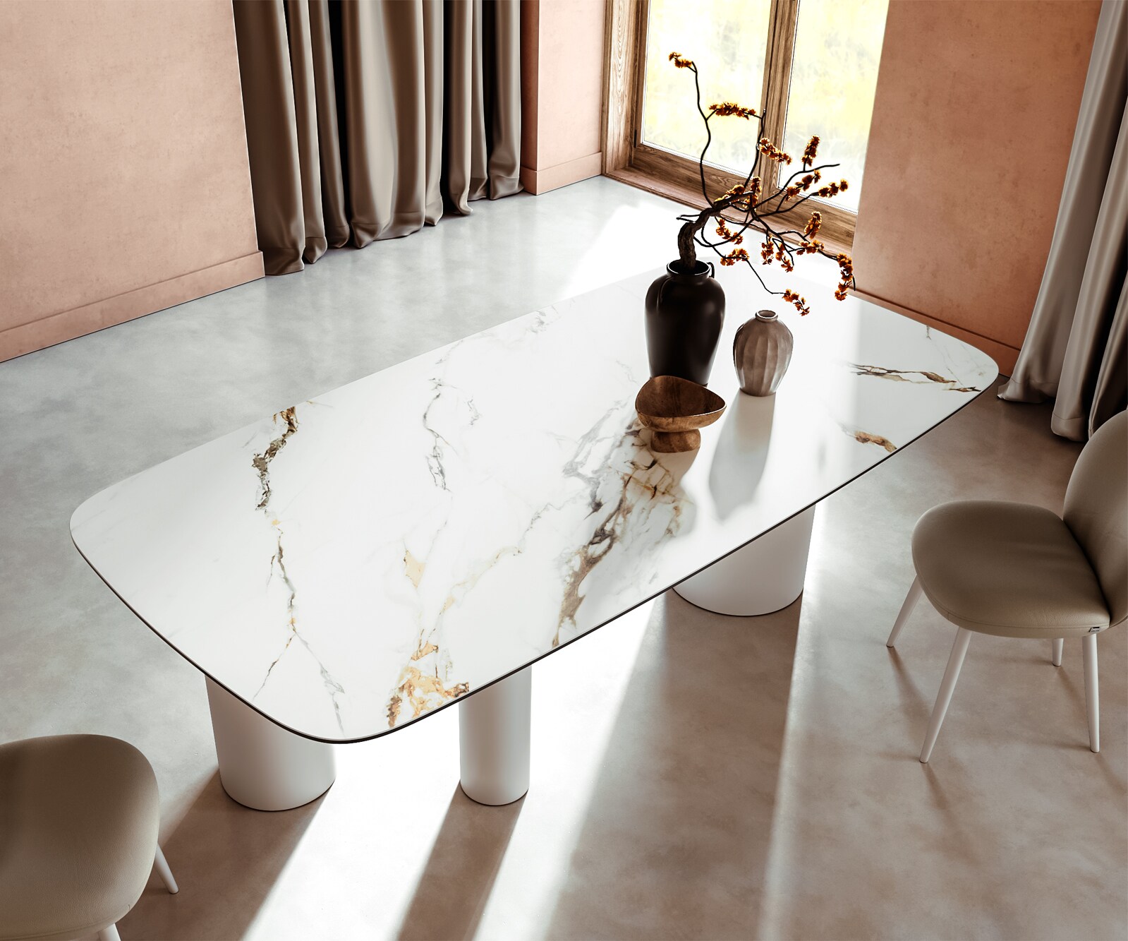 Eetkamertafel Edge Boot 240x120 keramiek Calacatta Luxe wit-Gold-grijs Troa metaal wit 3
