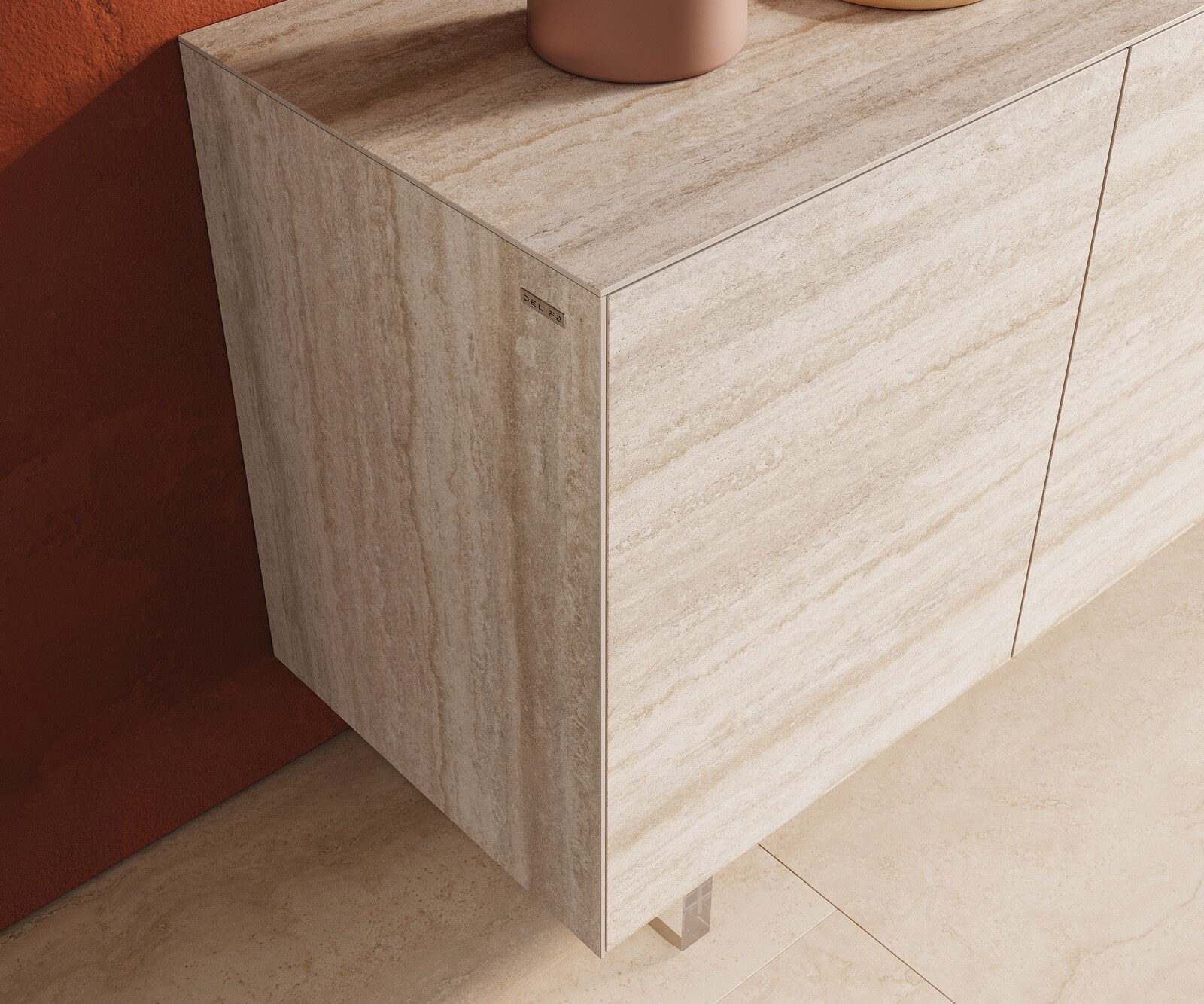 Dressoir Cuor 150 cm Keramiek Laminam® Travertino Bianco Crème-wit 3 Deuren Zwevende voet look Acrylglas 6