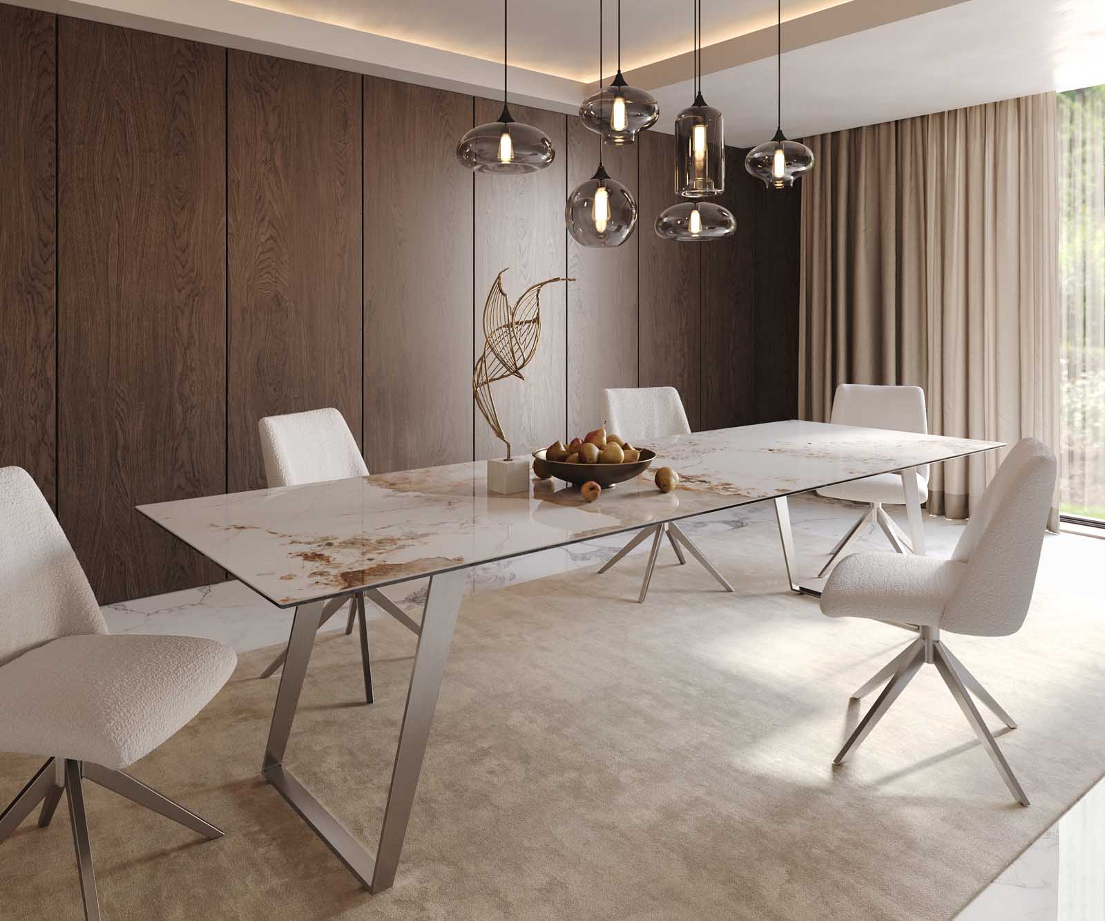 Eetkamertafel Edge 300x100 keramiek Minas Melange wit-beige RVS schuin