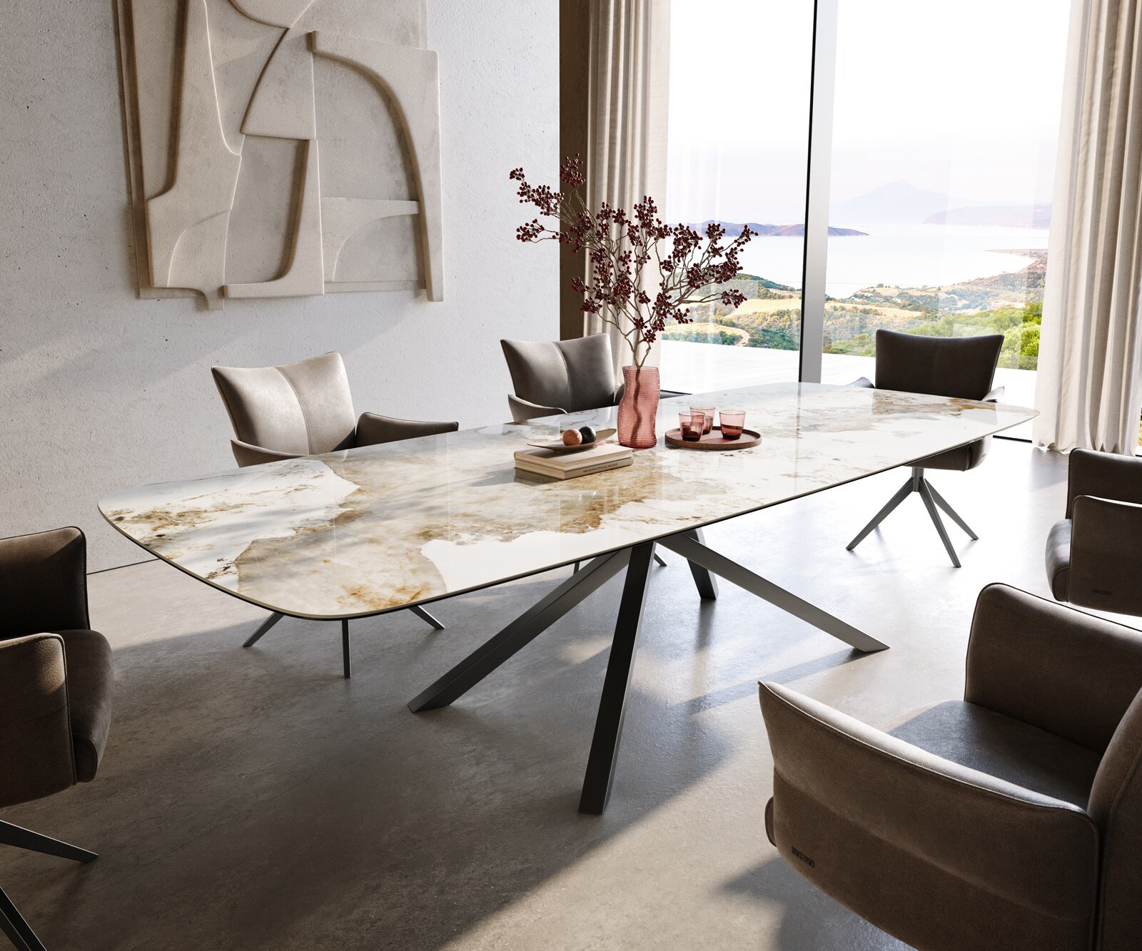 Eettafel Edge Boot 300x120 cm Keramiek Minas Melange Wit-Beige kruisonderstel Rechthoek Roestvrij staal Grafiet 1