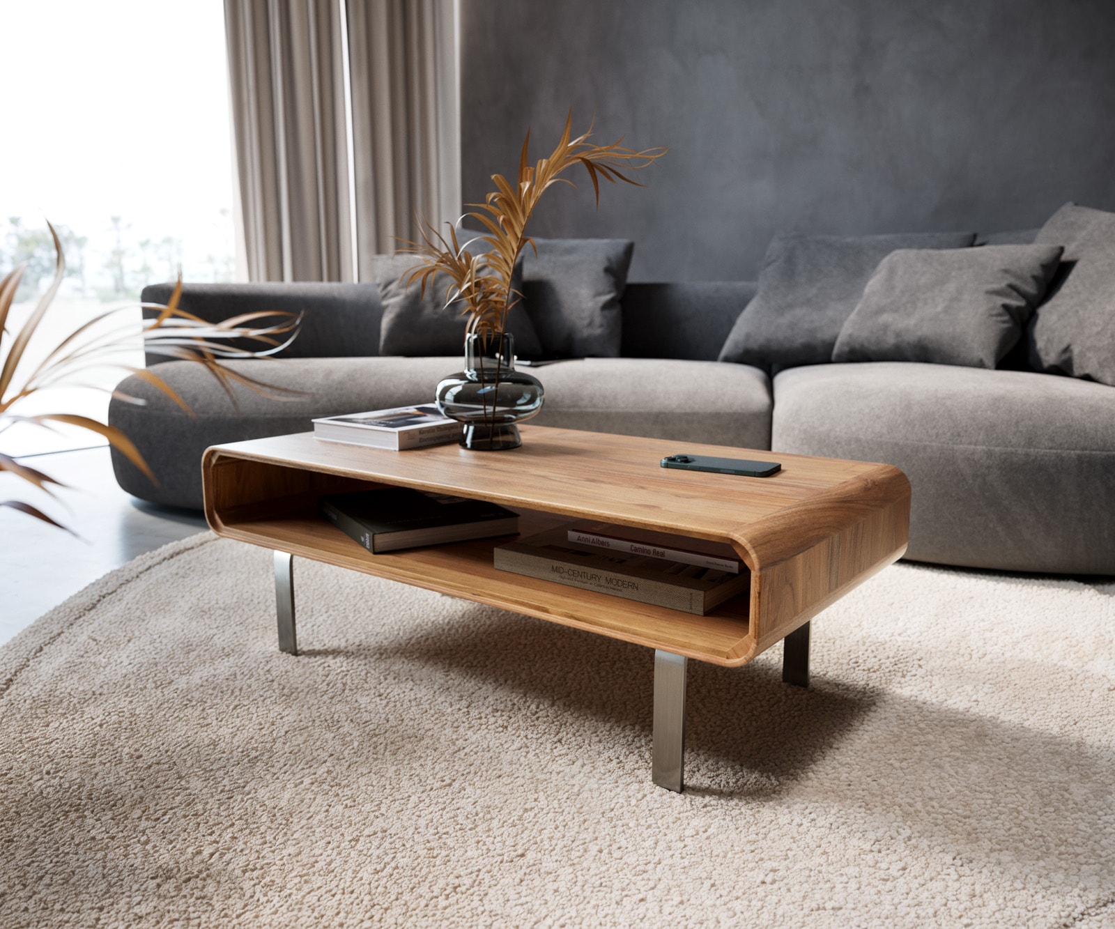 Salontafel Anaya 100x50 cm natuur acacia 1 vak L-poot roestvrij staal 1 Salontafel Anaya 100x50 cm natuur acacia 1 vak L-poot roestvrij staal 1