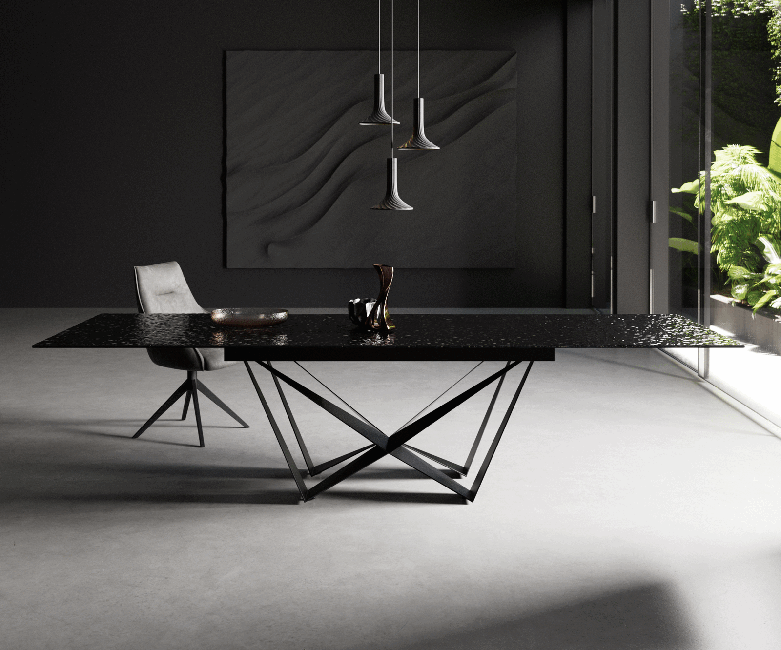 Eetkamertafel Edge 200-300x100 Glas smelten rokerig zwart 3D-Relief spider vlak staal zwart uitschuifbaar 2