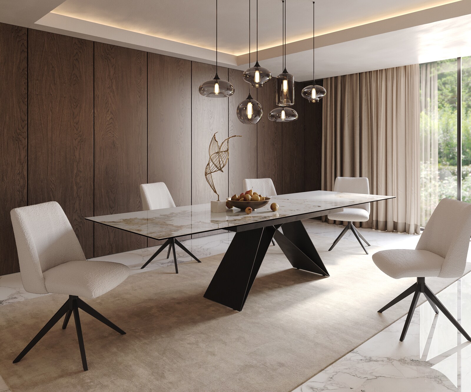 Eetkamertafel Edge 200-300x100 keramiek Minas Melange wit-beige V-frame vlak staal zwart uitschuifbaar 8