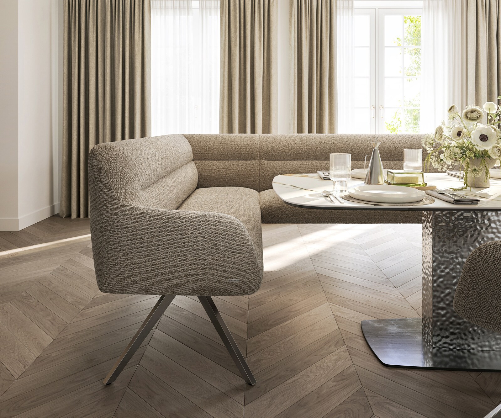 Eetkamerbank Taya-Flex 285x190 cm bouclé mud hoekig kruisframe roestvrij staal pocketvering rechts 5