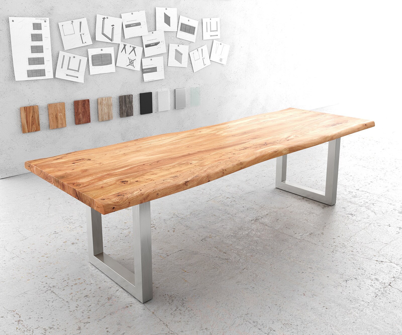 Eettafel Edge 280x100cm XL acacia natuur roestvrijstaal breed Live-Edge 1