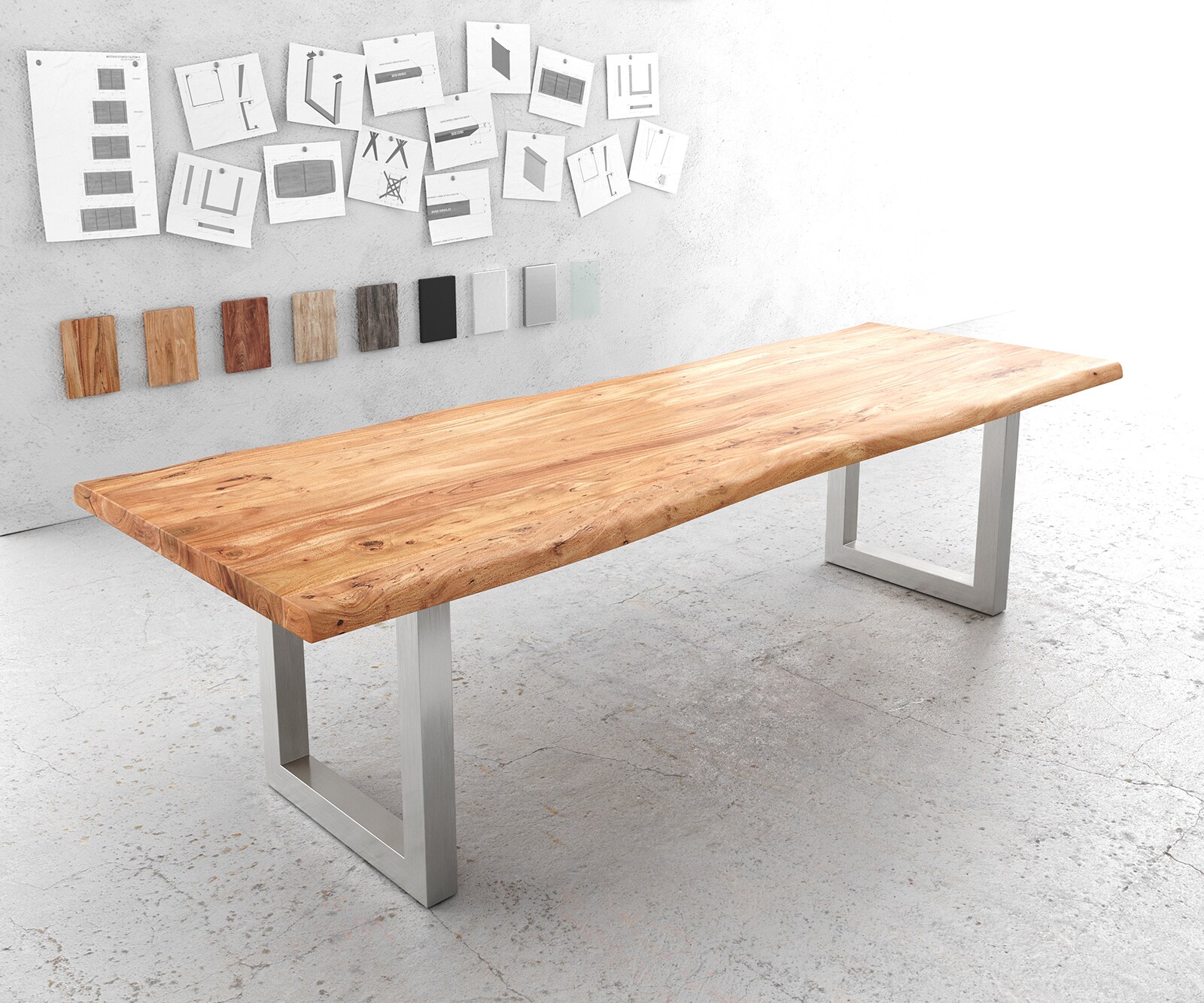 DELIFE Eettafel Edge 280x100cm XL acacia natuur roestvrijstaal breed Live-Edge