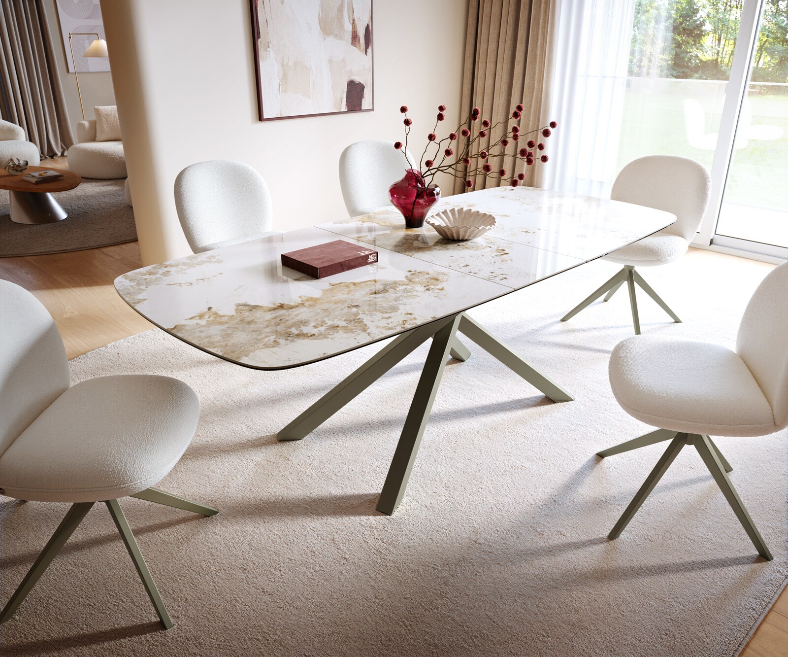 Eettafel Edge Boot 180-220x100 cm Keramiek Minas Melange Wit-Beige kruisonderstel Rechthoek Effectafwerking Titan uitschuifbaar 6