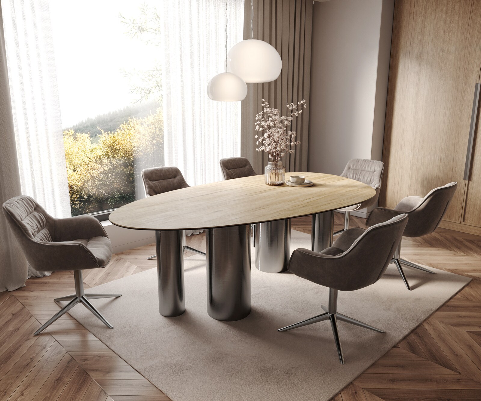 Eetkamertafel Edge ovaal 220x120 keramiek Laminam® Sabbia eiken kleur Pilier roestvrij staal grafiet 7