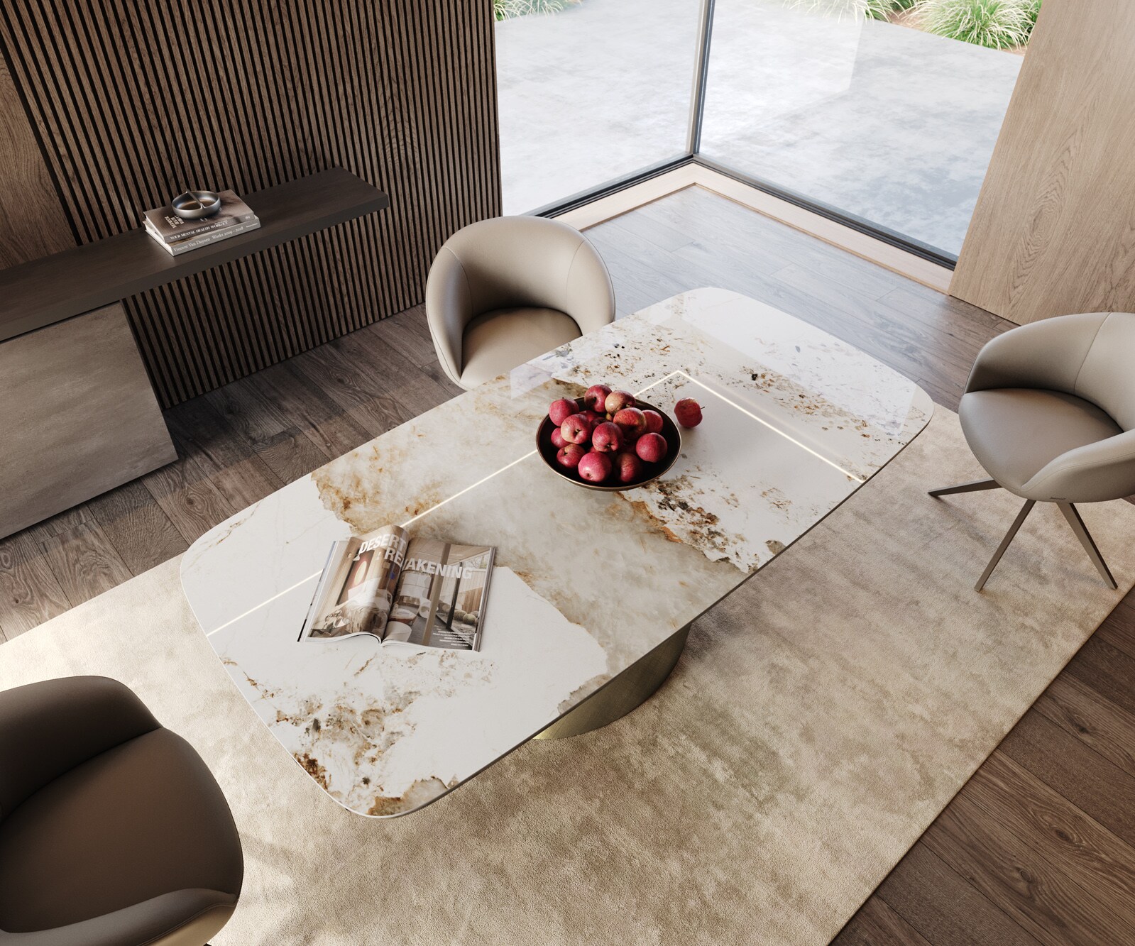 Eettafel Edge Boot 200x100 keramiek  Minas Melange wit-beige  Cono metaal goud 3