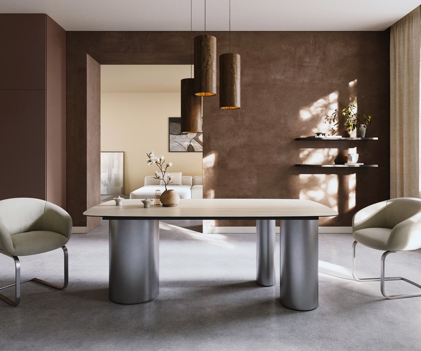 Eettafel Edge Boot 200x100 keramiek  Laminam® Travertino Bianco Creme-wit Troa RVS gebürstet 2