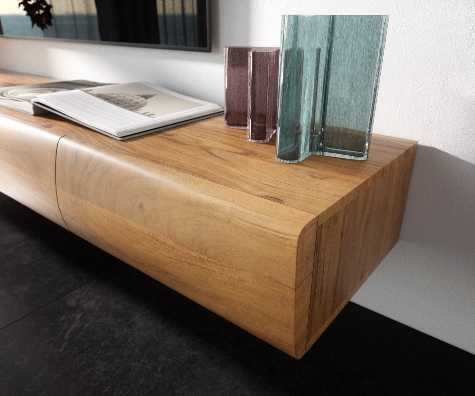 TV-meubel New Live-Edge 240 cm acacia natuur 4 schuifladen glazen poot 4