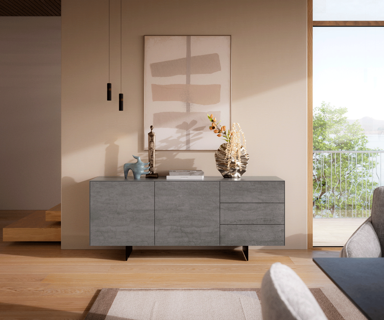 Dressoir Cuor 180 cm Keramiek Beton Grijs 2 Deuren 3 Laden Zwevende voet look Metaal Zwart 1