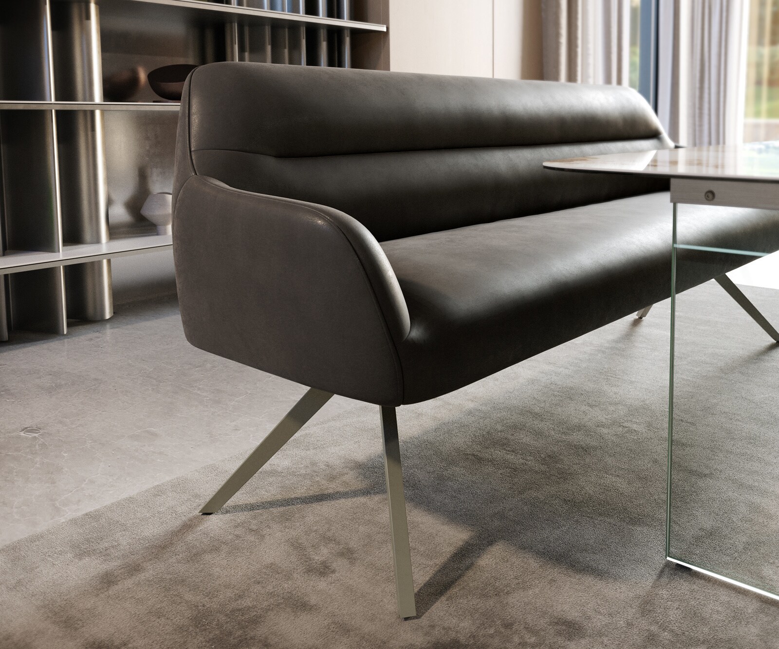 Eetkamerbank Taya-Flex 200 cm microvelours anthraciet vintage hoekig kruisframe afwerking met titaniumeffect pocketvering 4