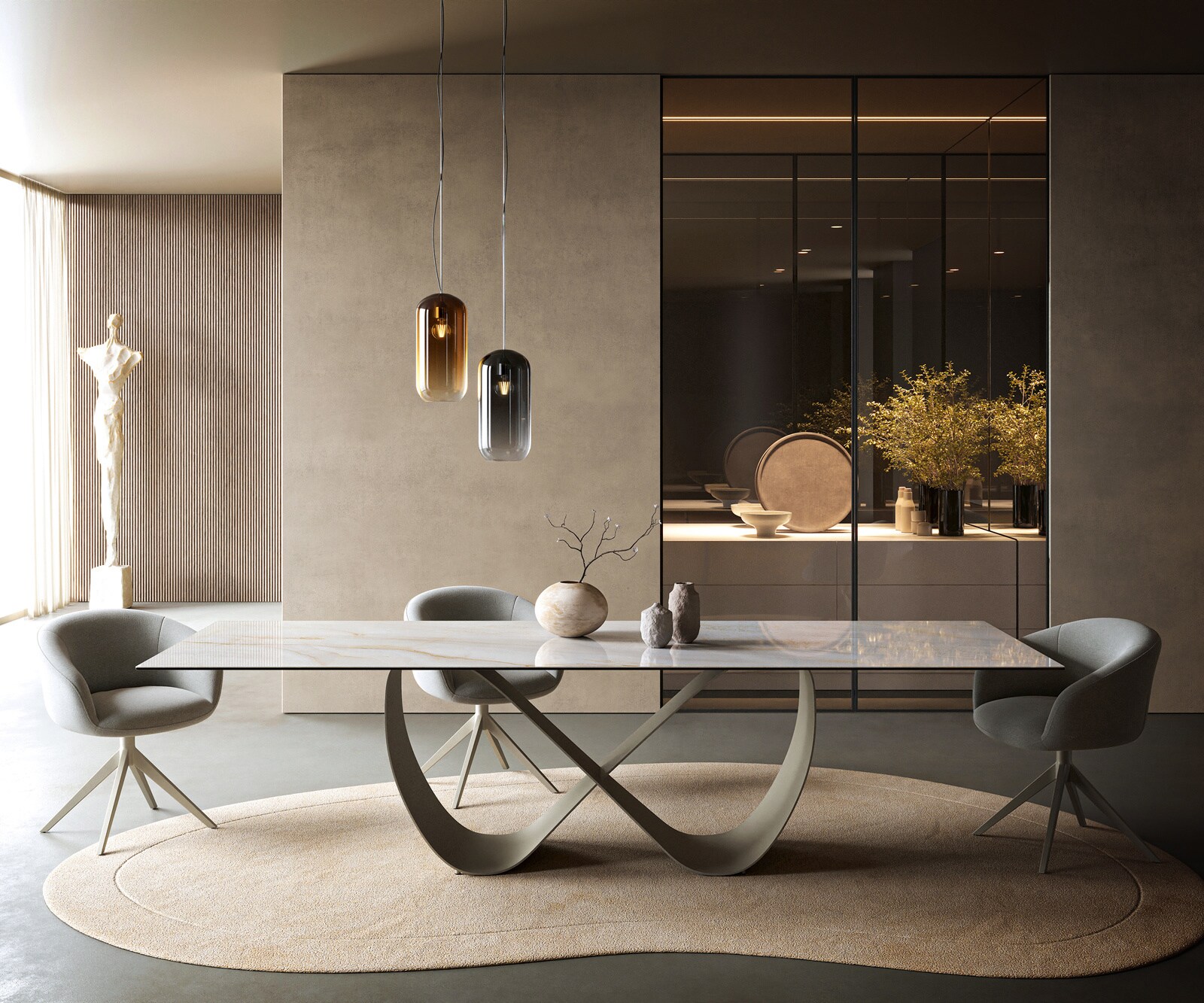 Eettafel Edge 300x100 cm keramiek Onyx Pearl Infinity metaal effectfinish titan 1