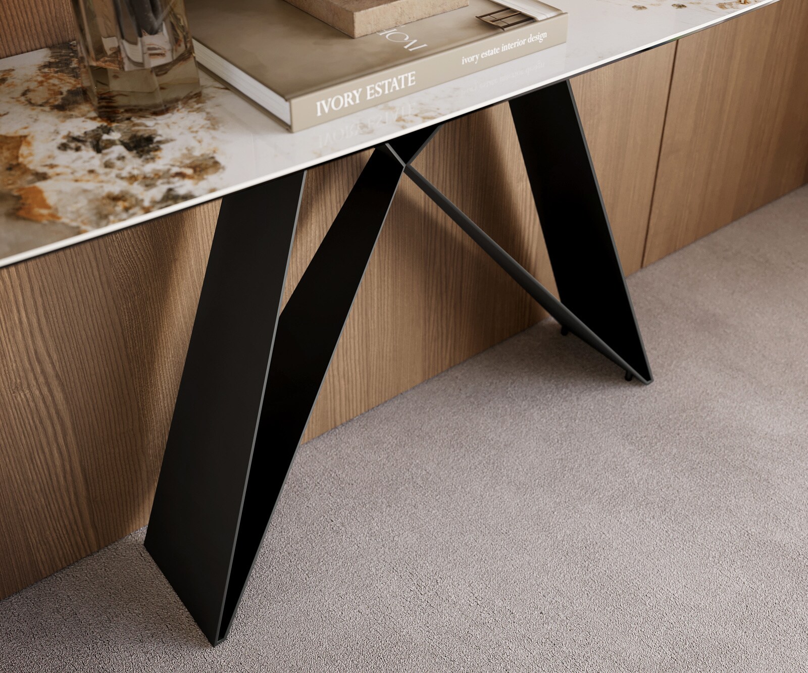 Consoletafel Edge Bootvorm 180x40 cm Keramiek Minas Melange Weiß-Beige Velio Metaal Zwart 6