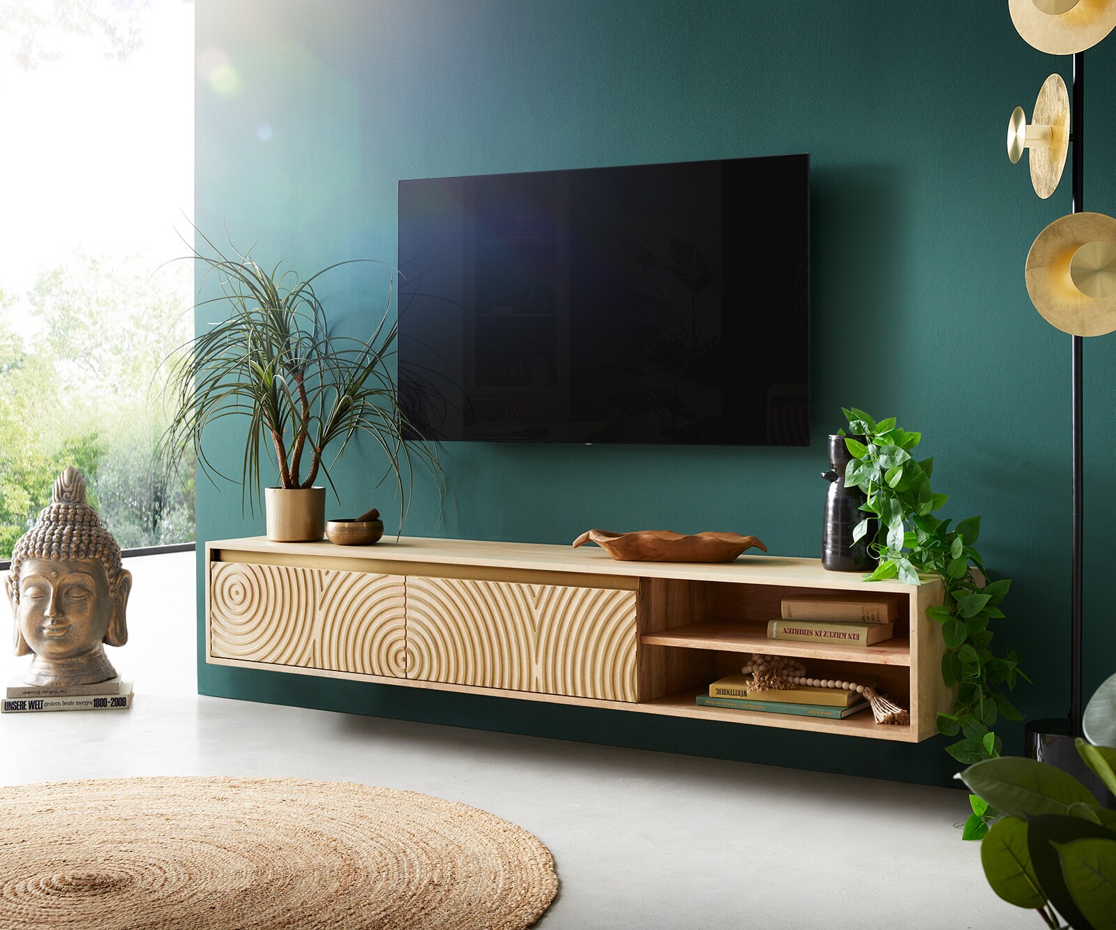 Tv-meubel Budaya 175 cm mango natuur 3 deuren zwevend