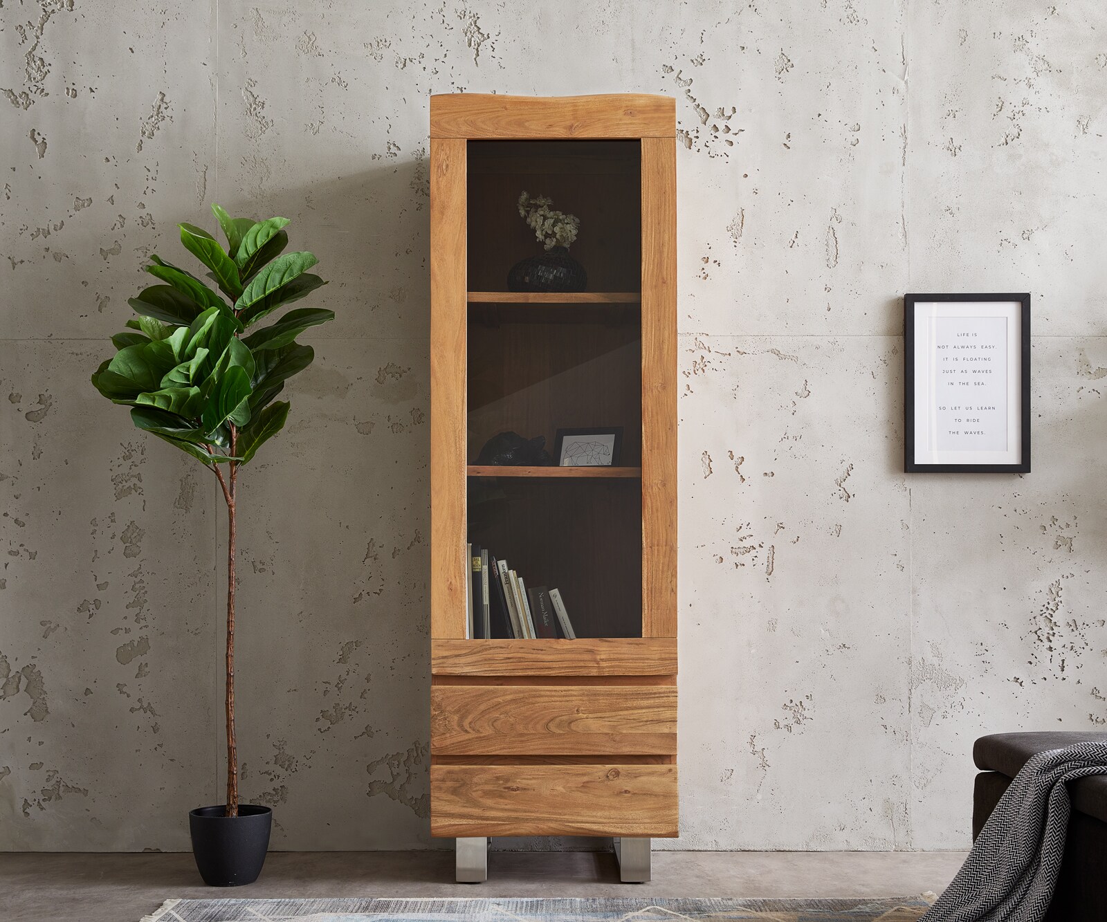 Vitrinekast Live-Edge 60x190 cm acacia natuur boomrand 1 deur 2 laden massief 1