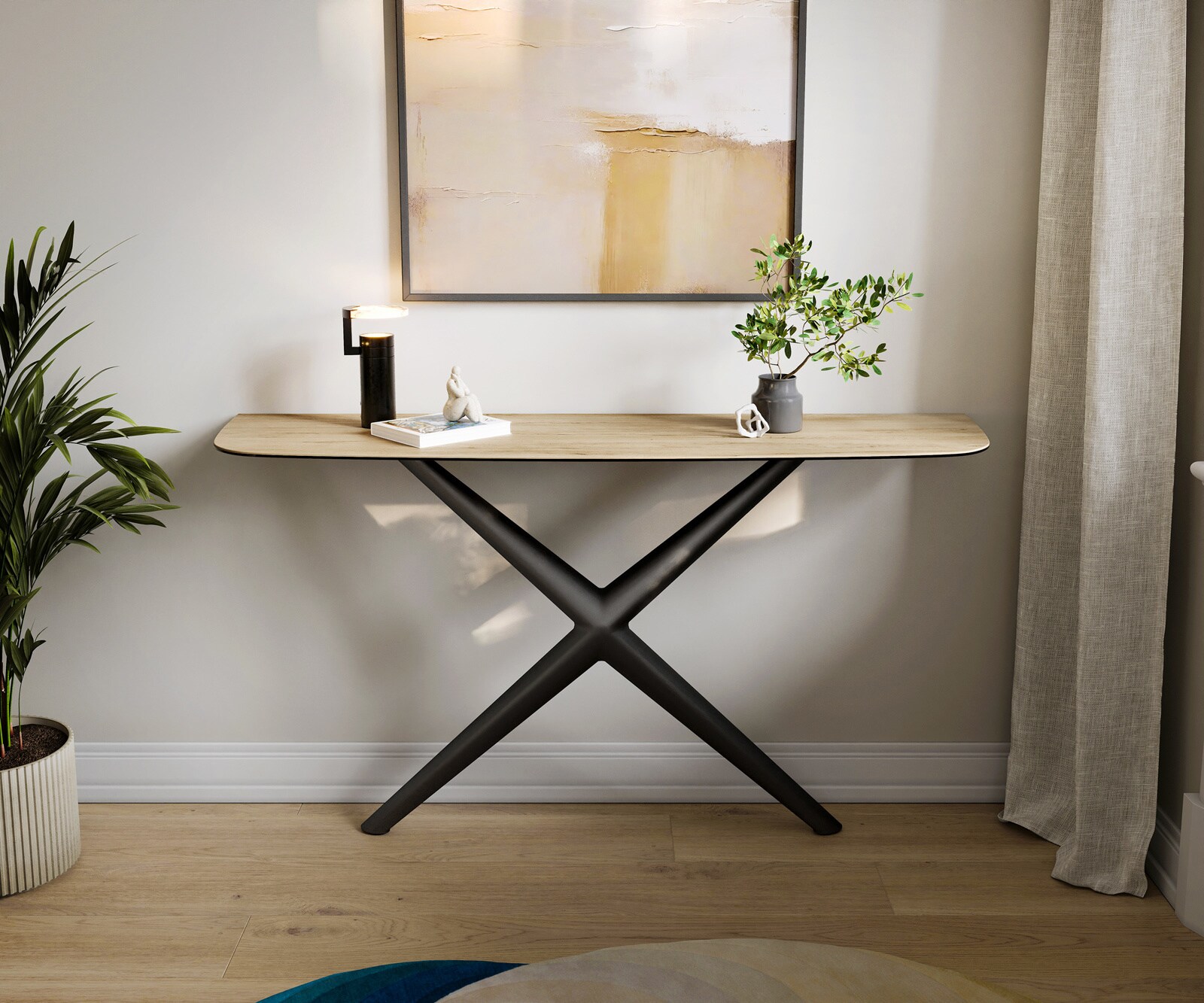 Consoletafel Edge Bootvorm 140x40 cm Keramiek Laminam® Sabbia Eichefarbig Estelo Metaal Zwart 1