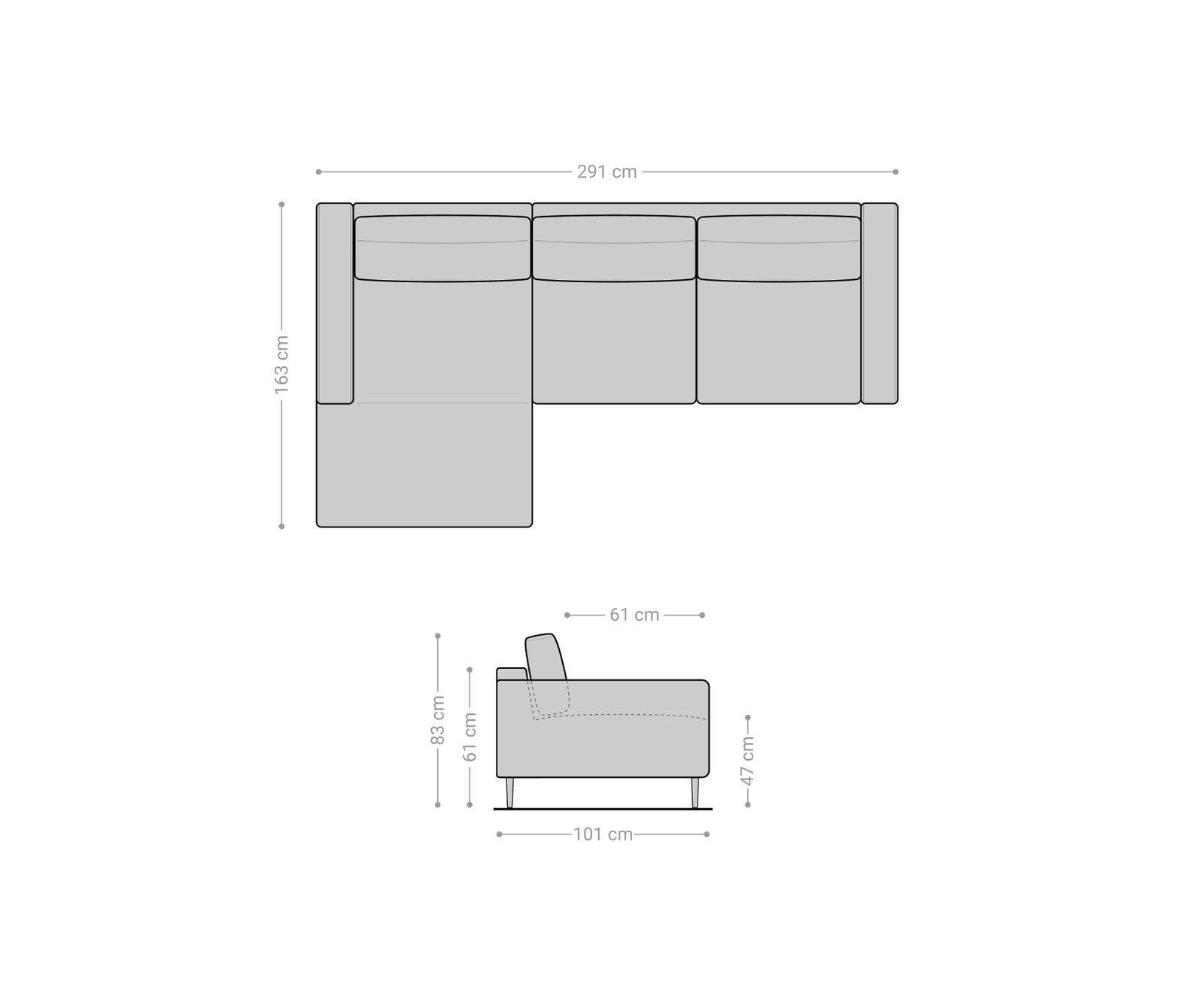 Hoekbank Sottil 290 x 165cm Chenille antraciet recamiere links 5