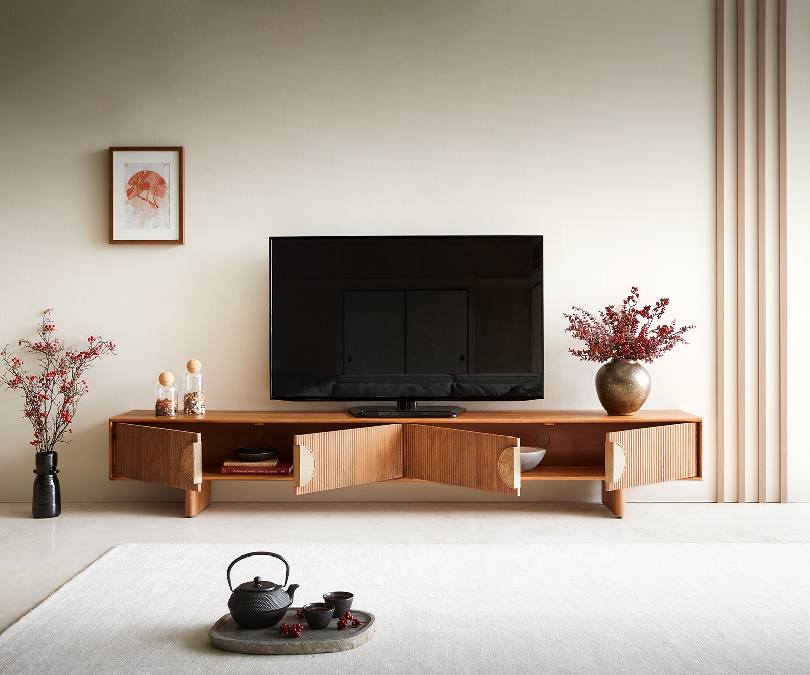 Tv-meubel Surimu 240 cm acacia lichtbruin 4 deurs kurkgreep houten pootjes 5