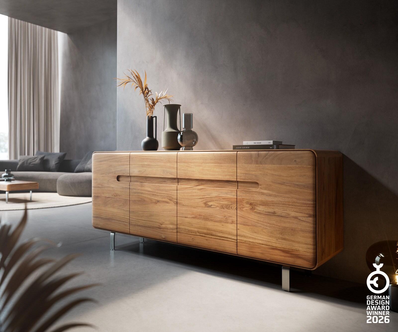 Dressoir Anaya 175 cm natuur acacia 4 deuren L-onderstel roestvrij staal