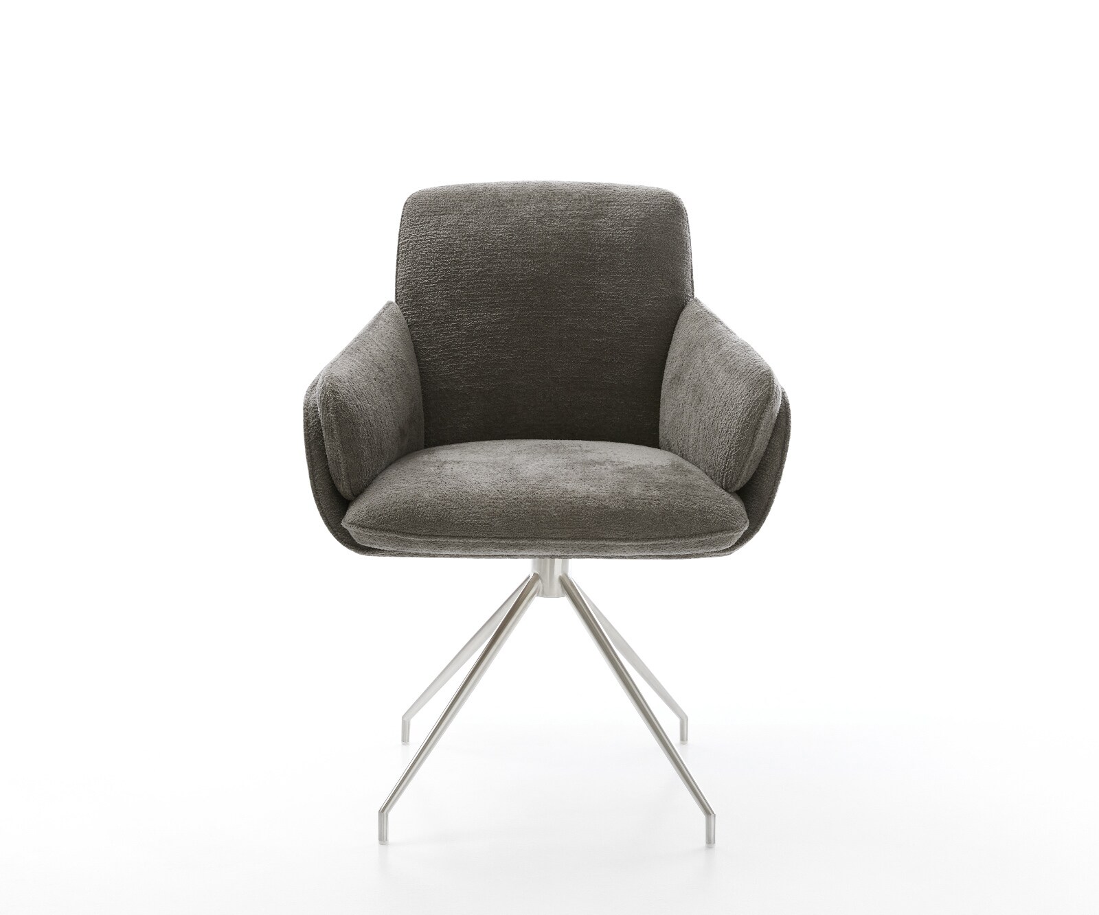 Eetkamerstoel Luan-Flex met armleuning bouclé zacht mud kruisframe conisch roestvrij staal 2