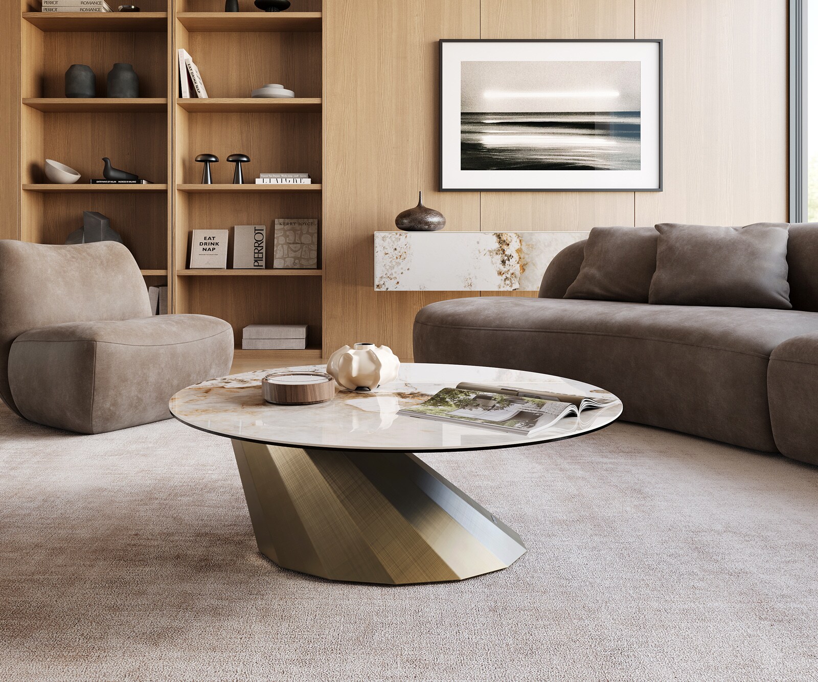 Salontafel Edge rond 100x100 cm keramiek Minas Melange Parabi metallic goud 2