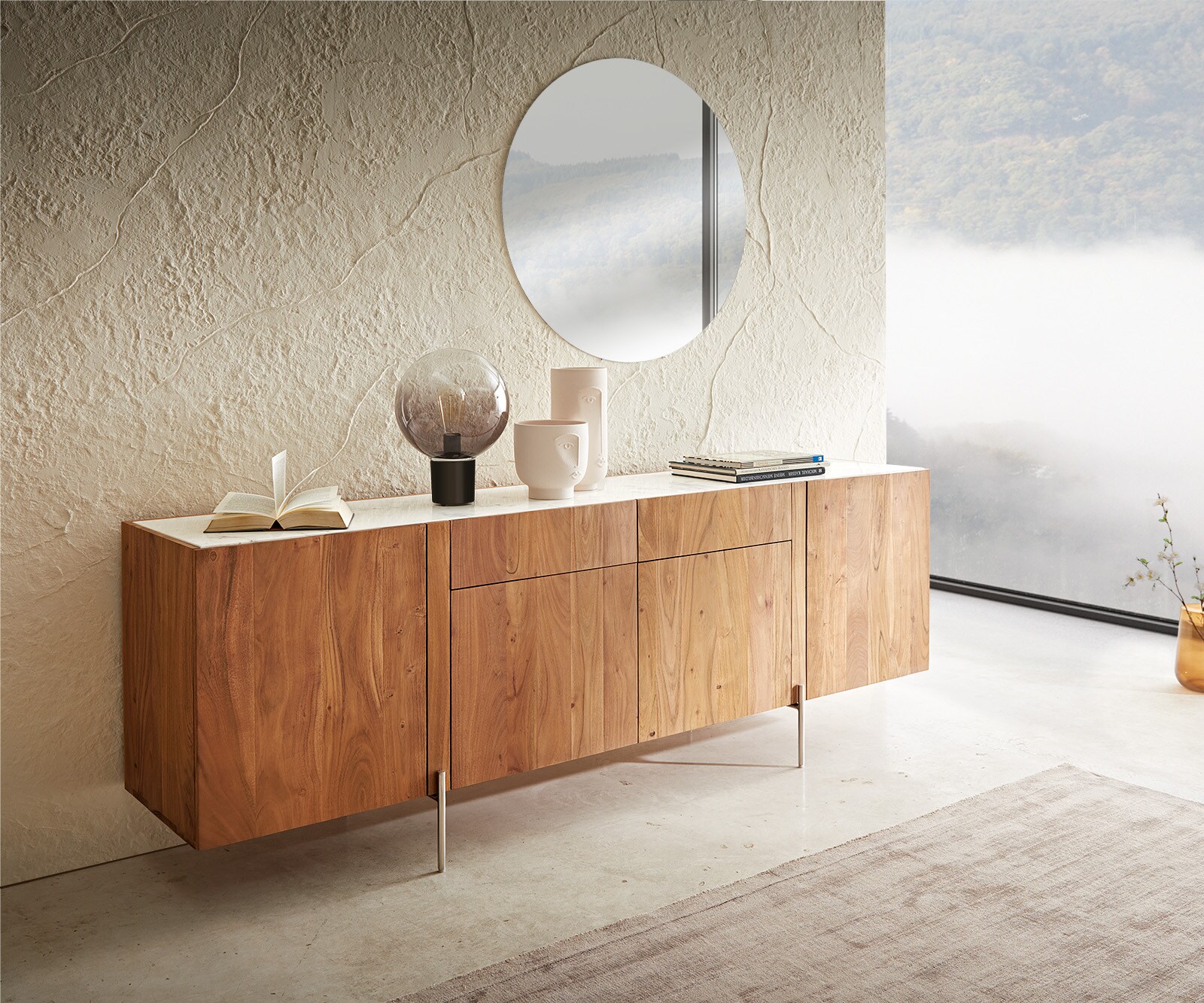 Commode Secara 200 cm acacia natuur 4 deuren 2 laden marmeren poten roestvrij staal