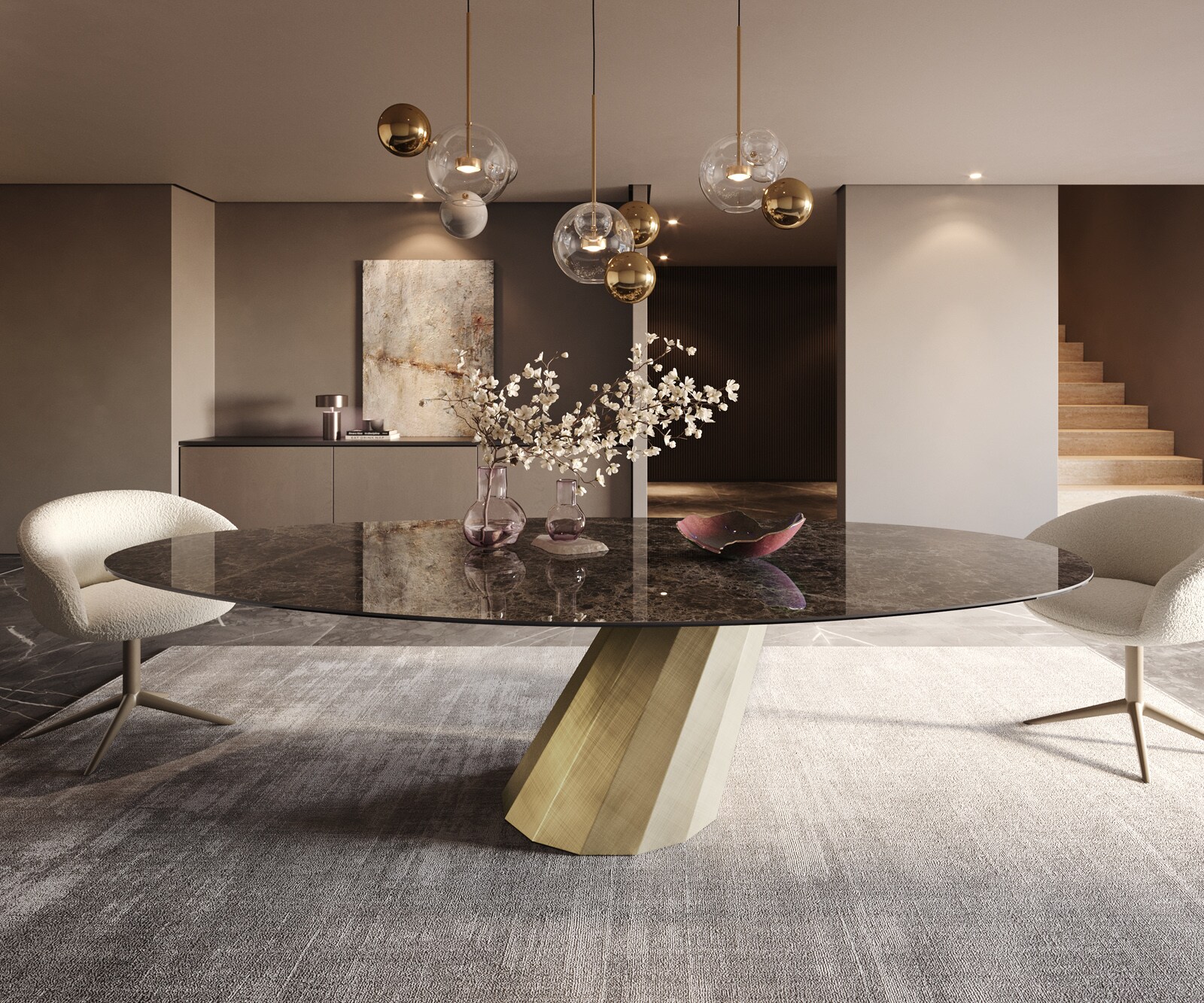 Eettafel Edge Oval 280x130 keramiek  Laminam® Emperador Extra Lucidato donkerbruin Parabel metaal goud 2