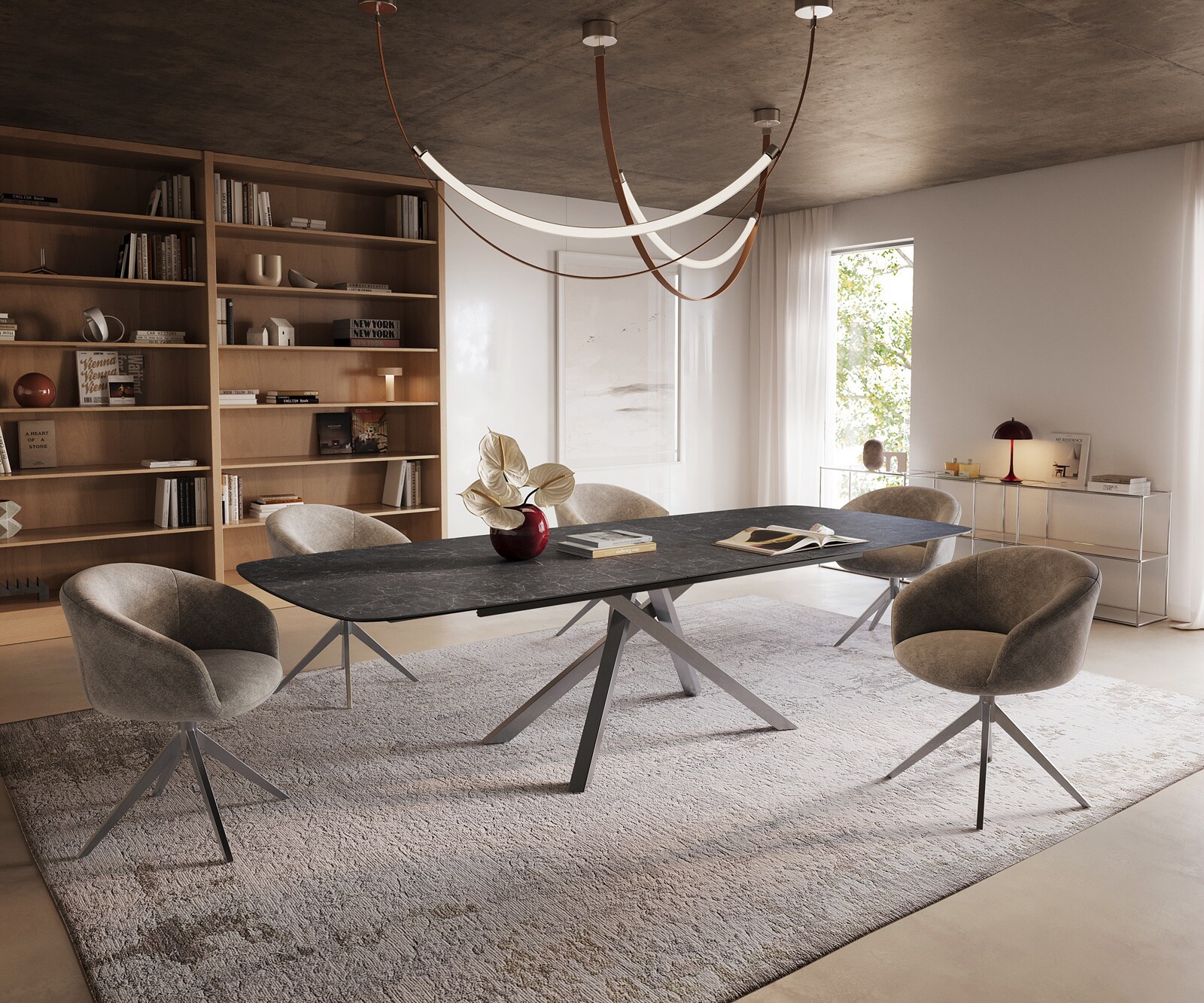 Eettafel Edge Boot 240-300x120 cm Keramiek Laminam® Nero Greco Anthrazit kruisonderstel Rechthoek Roestvrij staal uitschuifbaar 7
