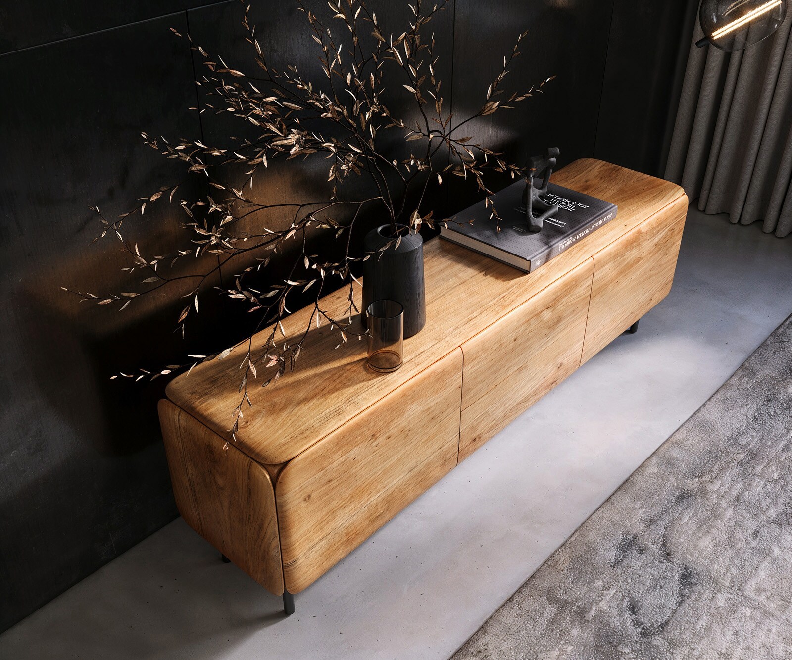 TV-meubel Shavani 175 cm acacia natuur 2 deuren 2 lades ronde voet metaal zwart 3