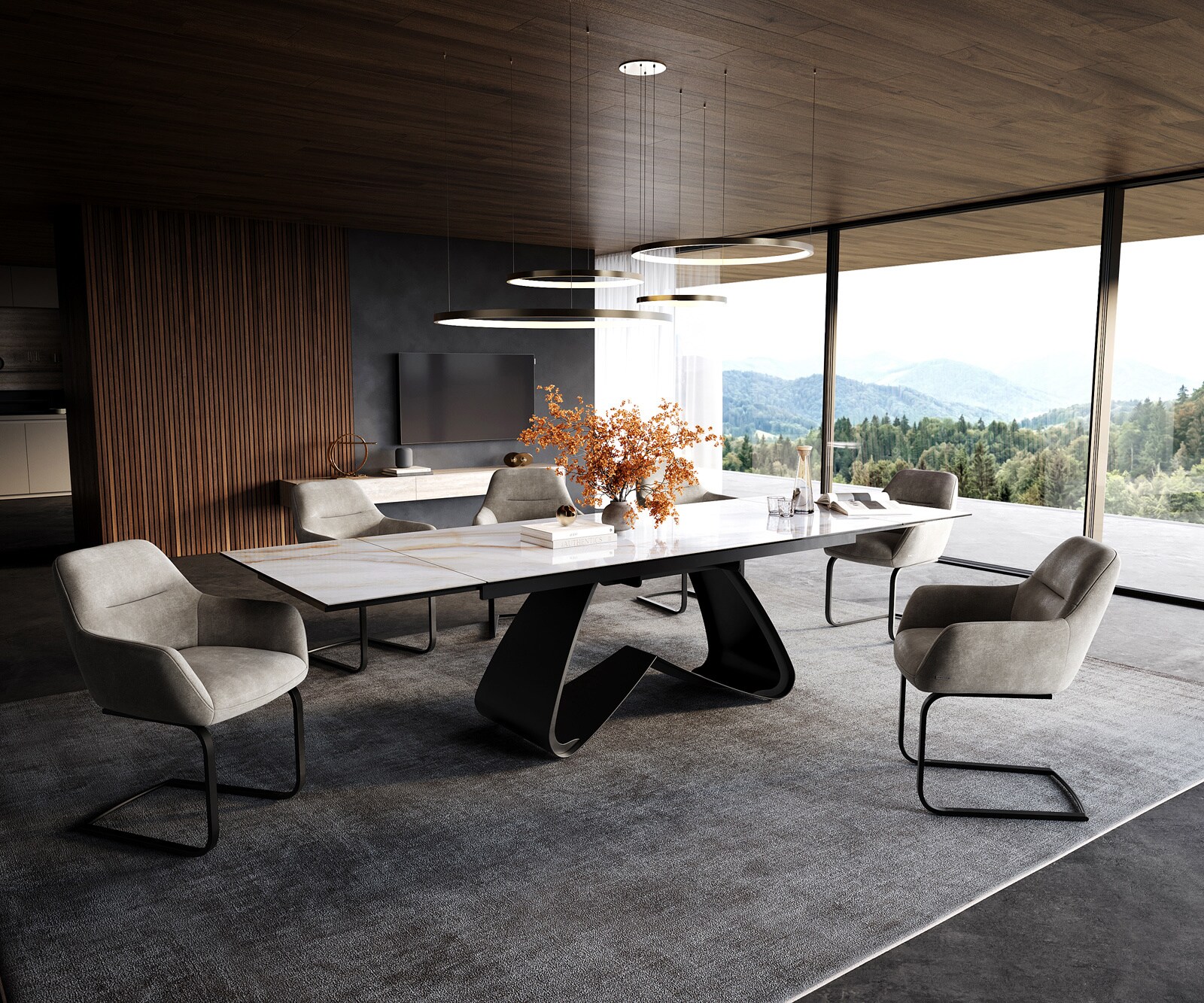 Eettafel Edge 200-300x100 cm keramiek Onyx Pearl W-onderstel metaal zwart uittrekbaar 6