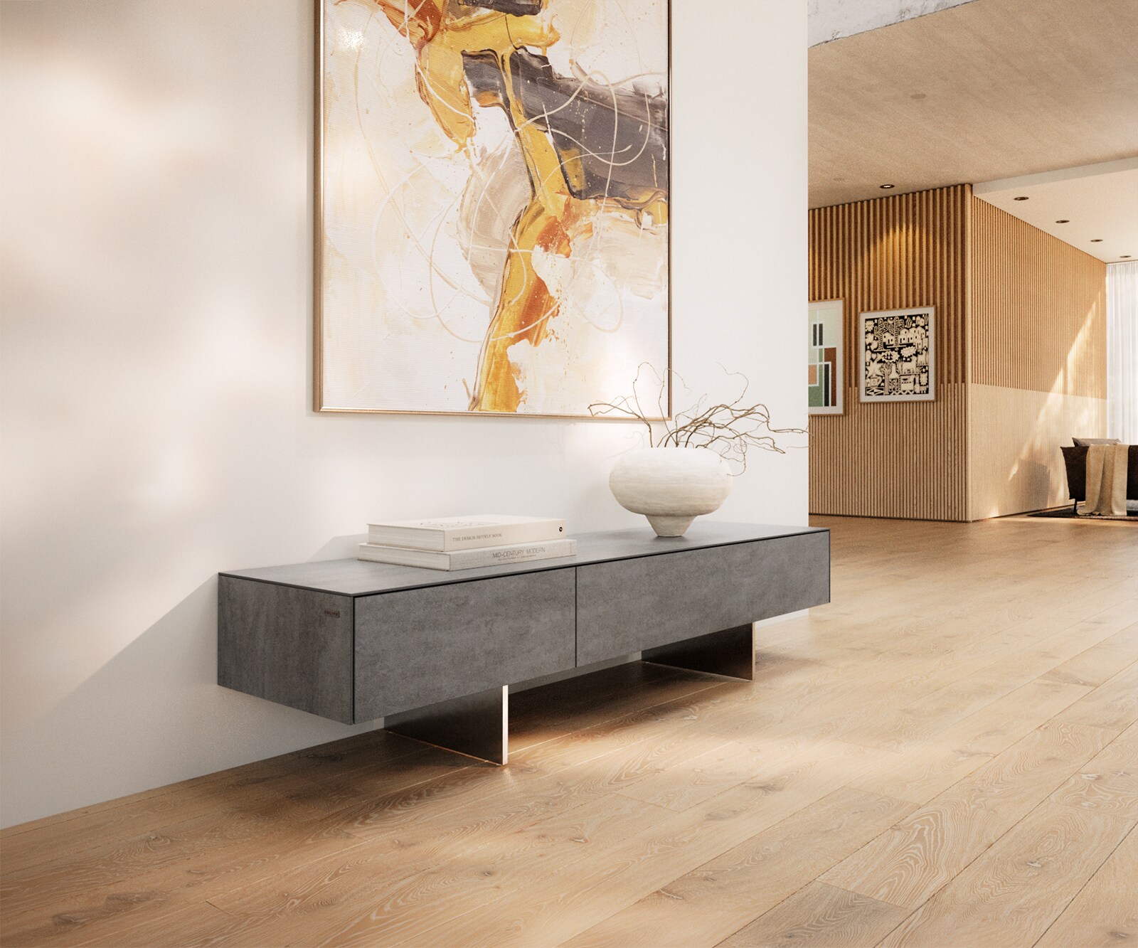 Tv-meubel Cuor 150 cm Keramiek Beton Grijs 1 Flap 1 Laden Zwevende voet look Roestvrij staal