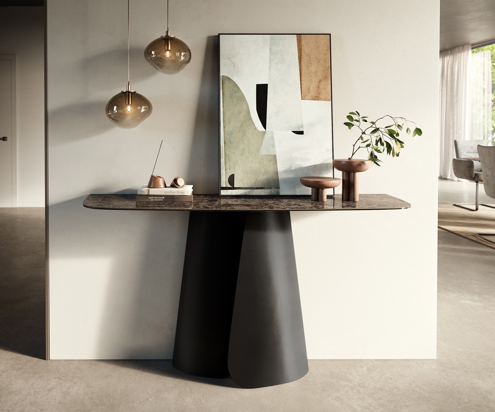 Consoletafel Edge Bootvorm 140x40 cm Keramiek Emperador Extra Lucidato Dunkelbraun Livos Metaal Zwart