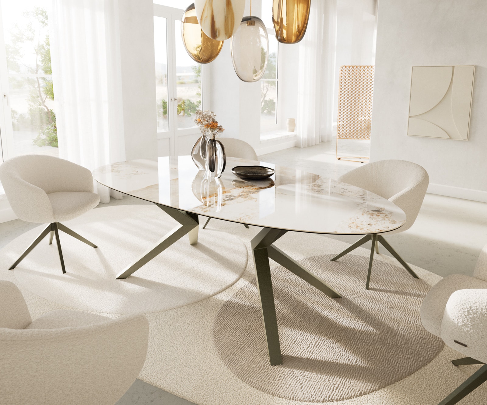 Eetkamertafel Edge ovaal 220x120 keramiek Minas Melange wit-Beige Zenthara hoekig metaal effectafwerking titaan 1