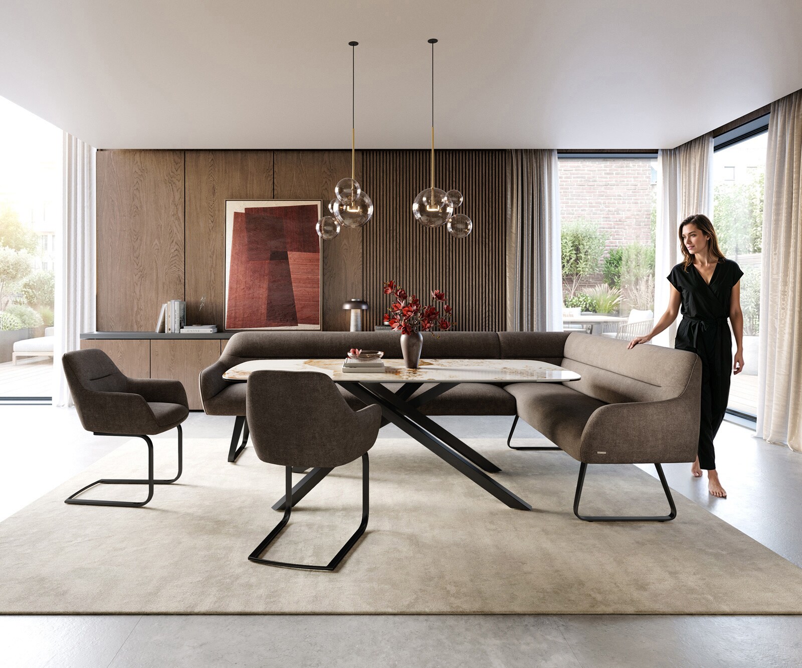 Eetkamerbank Taya-Flex 285x190 cm zachte stof met structuur taupe platte sledebasis zwart pocketvering links 2