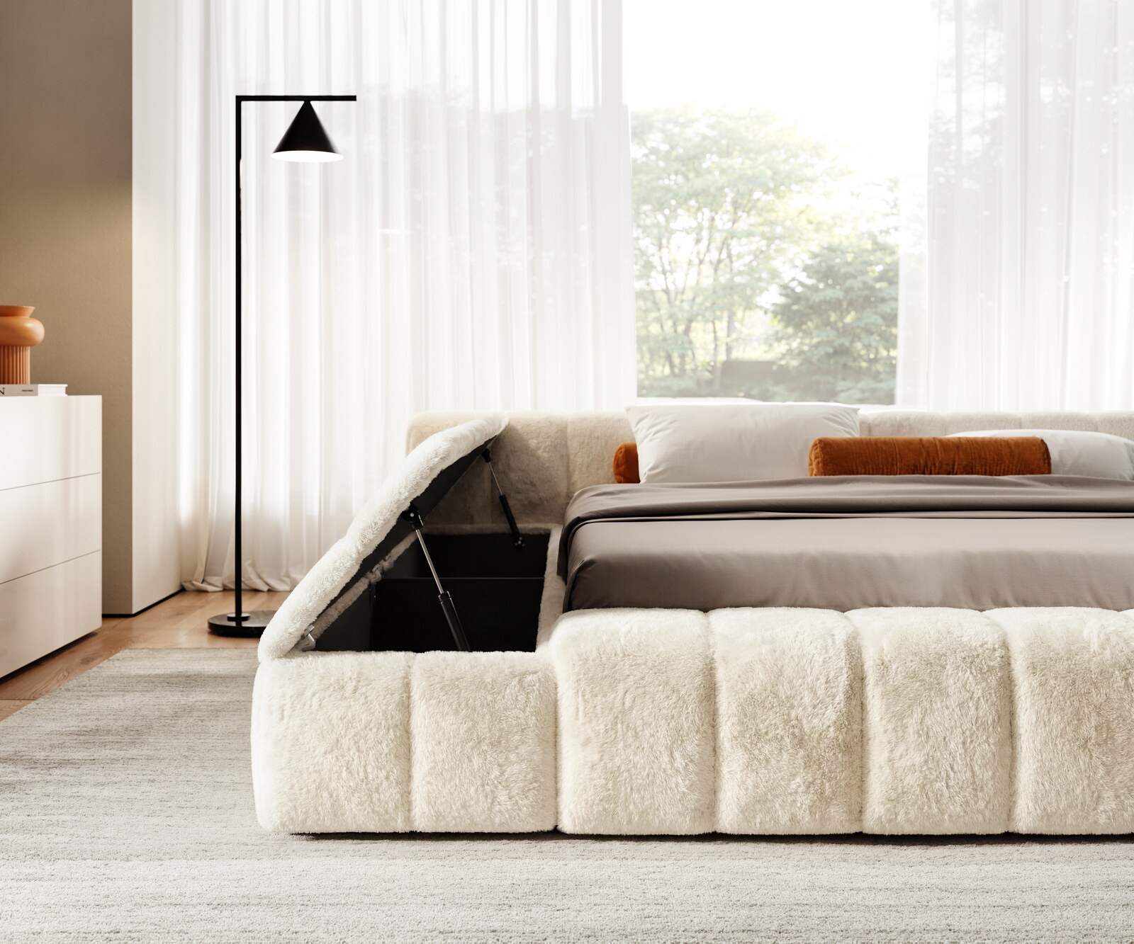 Gestoffeerd bedframe Espazio 180x200 cm Plüsch crème-wit 4