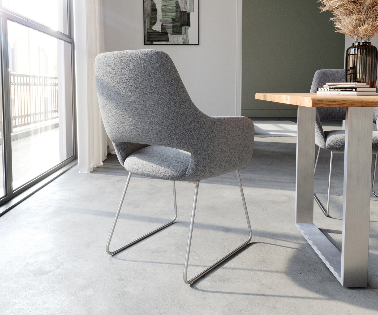 Eetkamerstoel Yago-Flex met armleuning structuurstof lichtgrijs slipframe roestvrij staal pocketveer kern 4 Eetkamerstoel Yago-Flex met armleuning structuurstof lichtgrijs slipframe roestvrij staal pocketveer kern 4