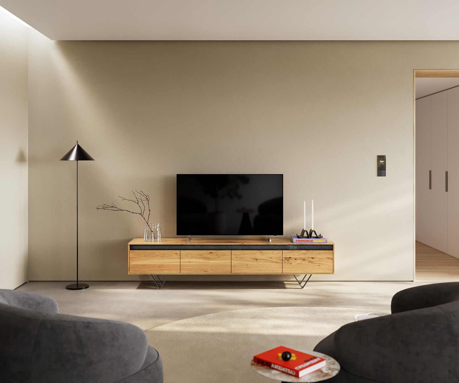 Design-tv-meubel Stonegrace 200 cm eiken natuur leisteen 4 laden V-poot metaal zwart 1