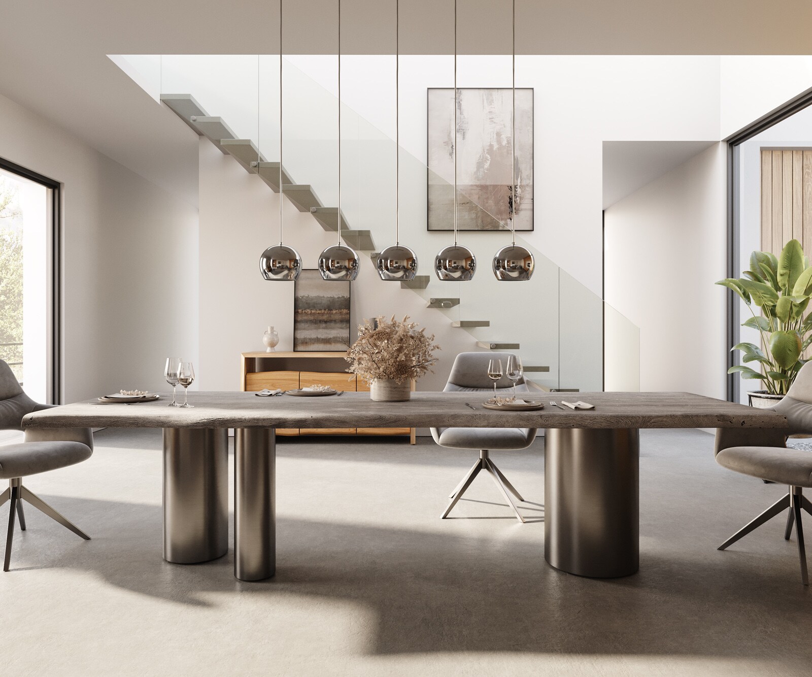 Eetkamertafel Edge 300x100 XL acacia platina Troa roestvrij staal grafiet Live-Edge 2