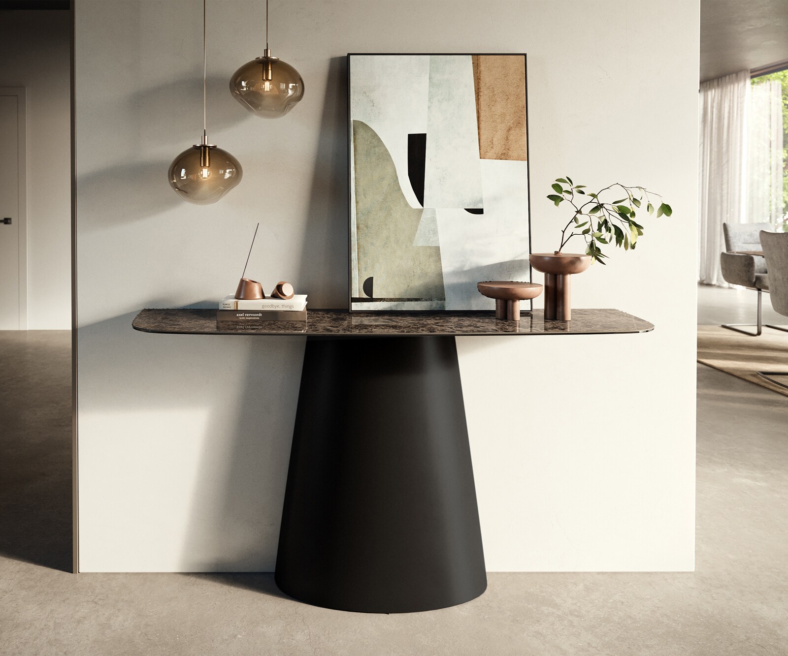 Consoletafel Edge Bootvorm 140x40 cm Keramiek Emperador Extra Lucidato Dunkelbraun Conos Metaal Zwart