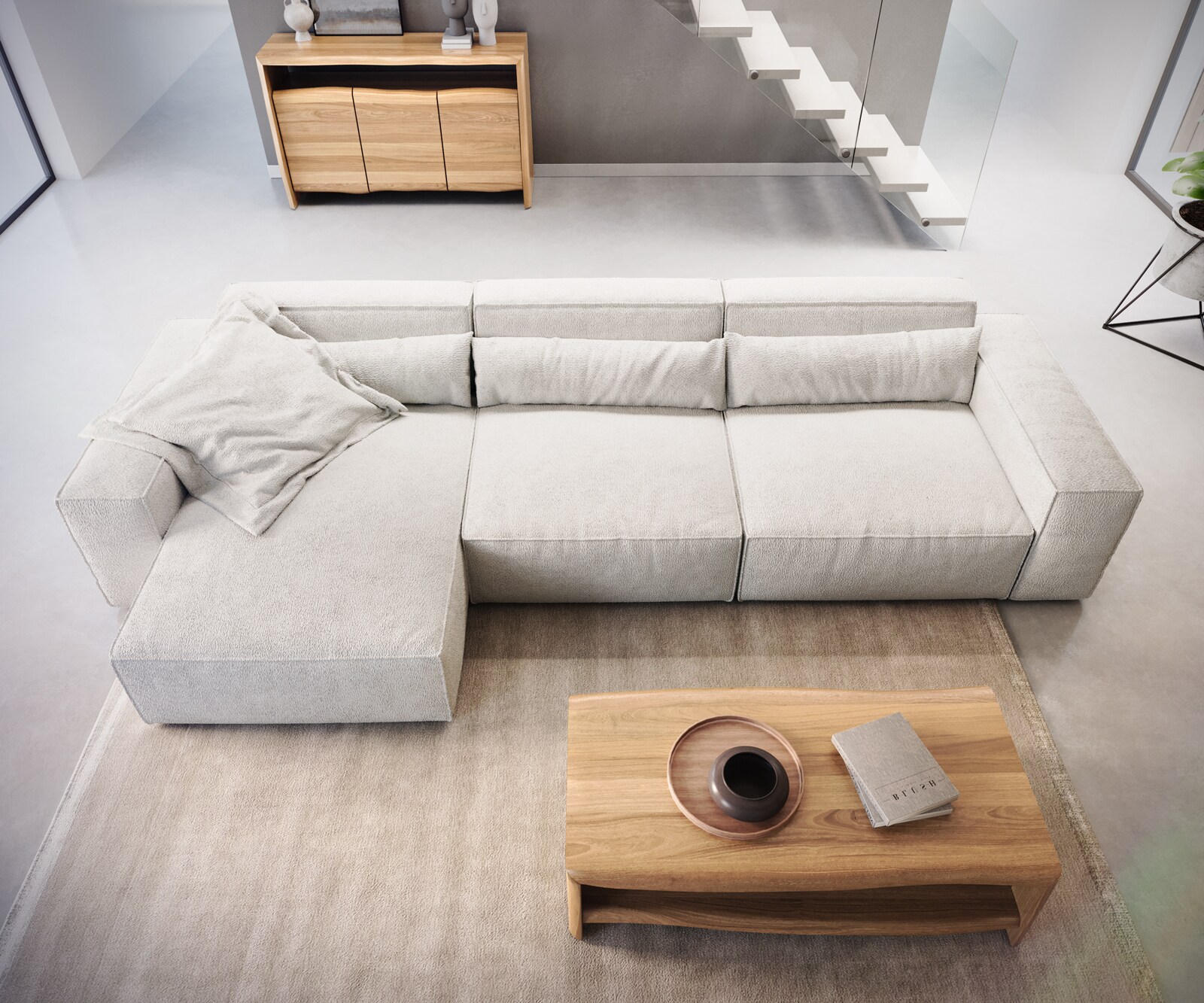 Hoekbank Sirpio L 350x160 cm bouclee crème-wit recamiere variabele 6