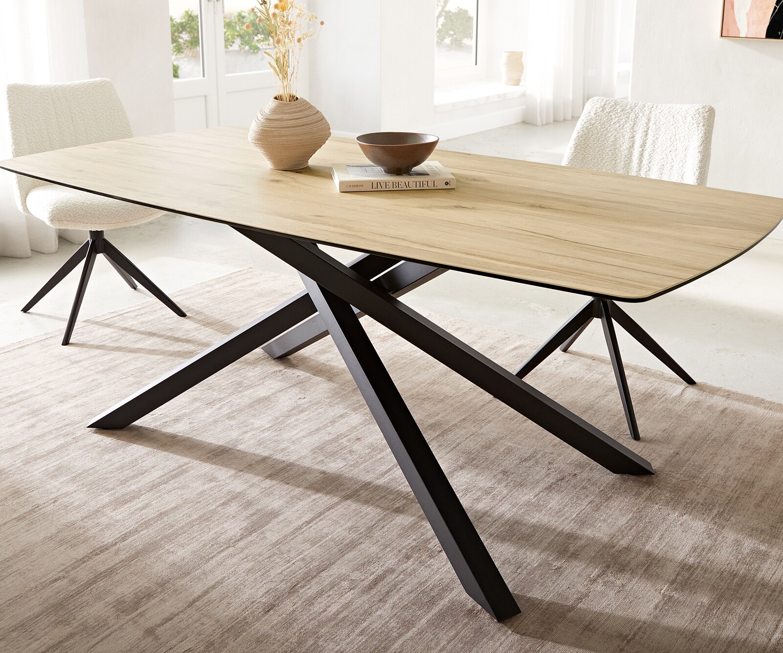 Eetkamertafel Edge Boot 200x100 keramiek Laminam® Sabbia eiken kleur kruisframe rechthoek zwart 5