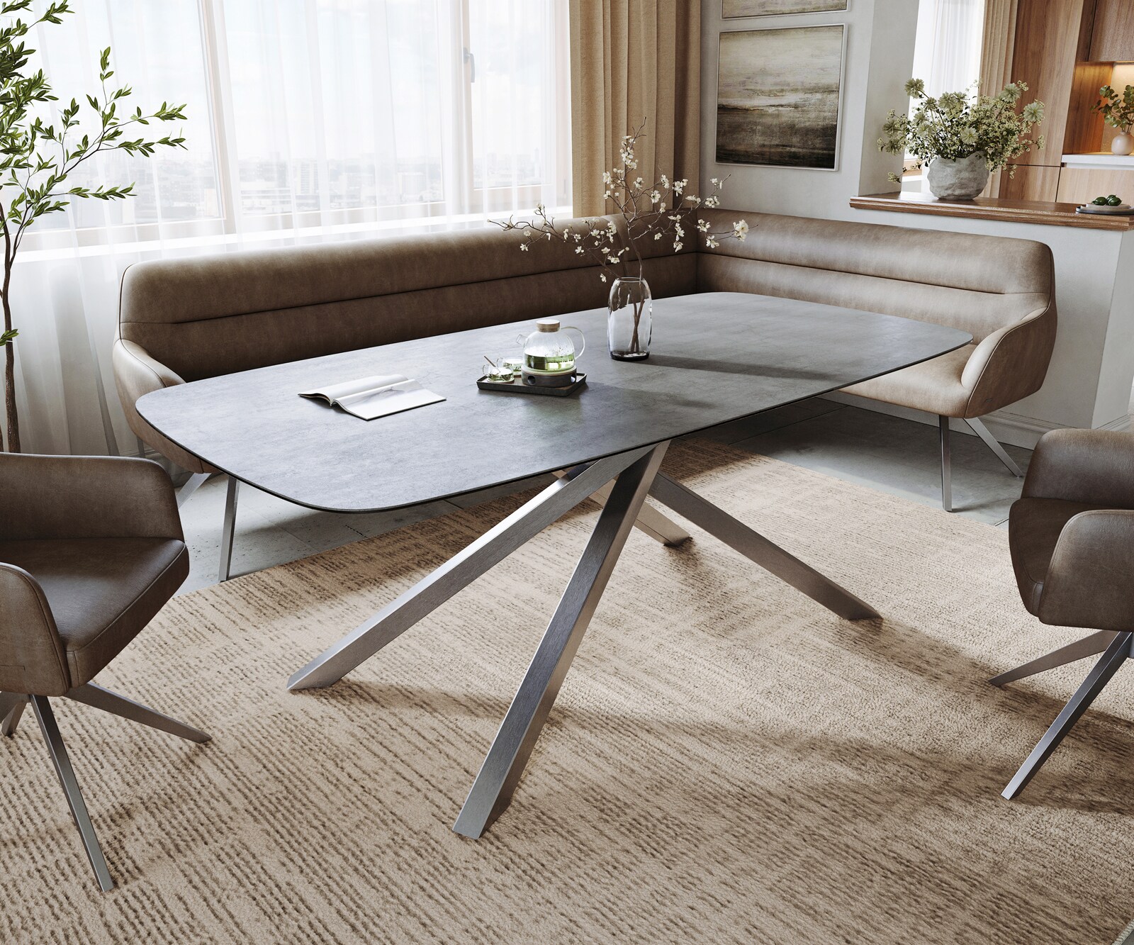 Eettafel Edge boot 200x100 cm keramiek beton grijs kruisframe rechthoekig roestvrij staal